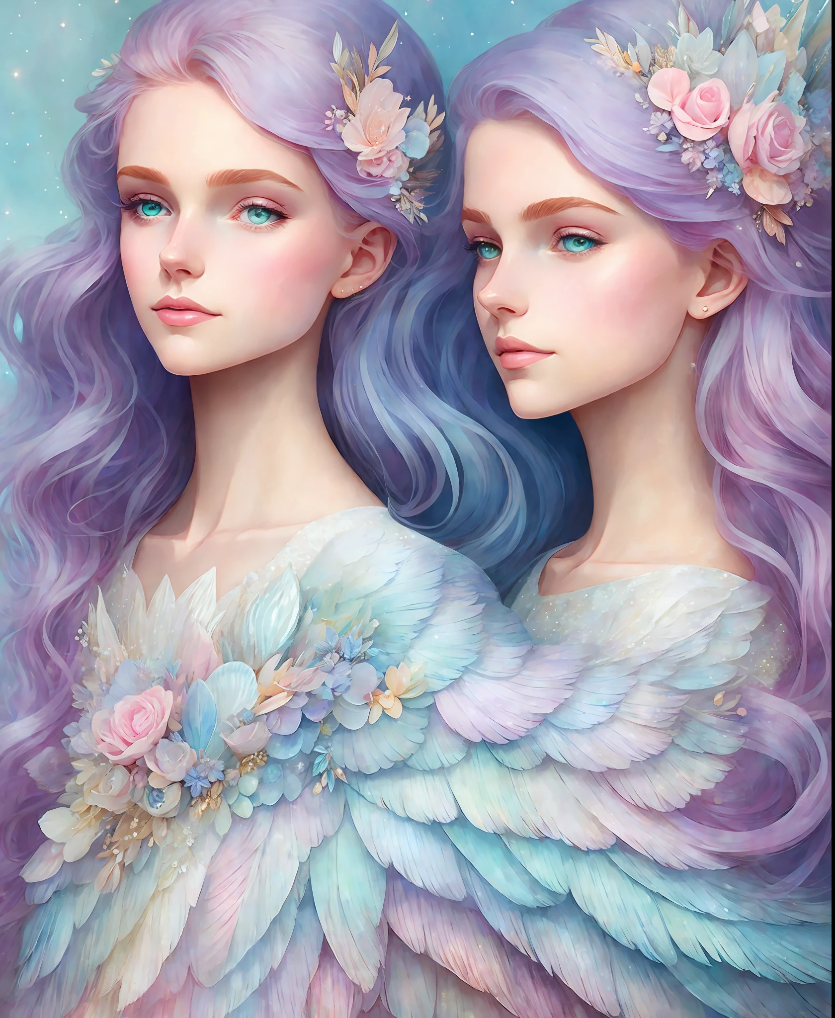 A Princess girl with wing, Blue, Pastel, glitter, dramatic, dreamy, pastel, Watercolor, Caprichoso, Delicate, crown of shells, Trends in Artstation, Highly detailed, Intricate, Portrait, digital painting, Fantasy theme, Costume robes, Conceptual fantasy art, Fantasy character art, smug, adolescent, perfect body, whole body, dreamer, pastel, watercolor, capricious, delicate, shell crown, art of loish and lois van baarle,  Trend in Artstation, highly detailed, intricate, portrait, digital painting