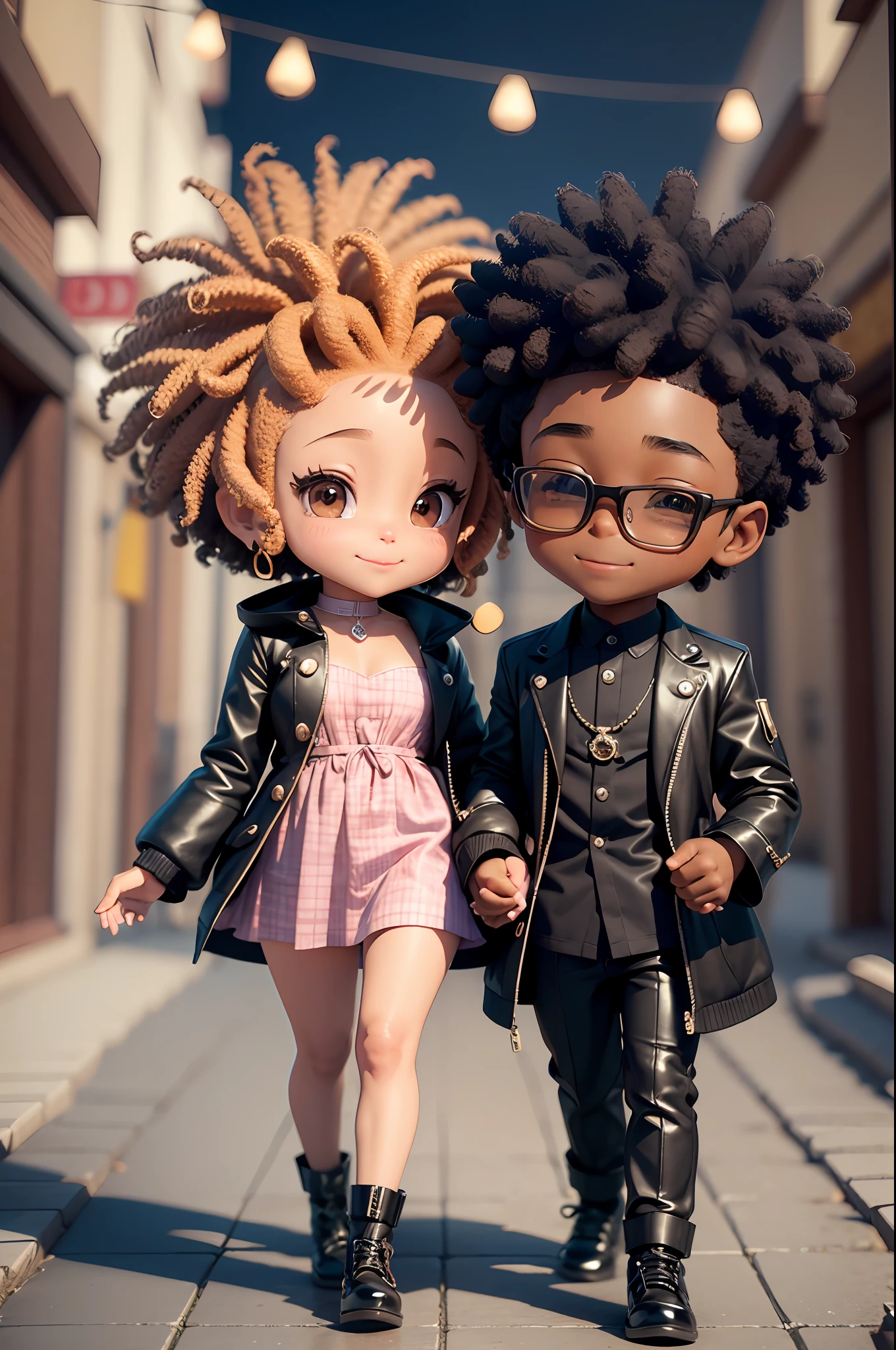 Chibi a couple of funny cartoon characters next to each other in (((3D)))), cute smile, detailed affections, highly photographic rendering, chibi, traditional afro boy-girl romance, light black coat, is the beginning of everything, handsome young man, in 3d, ghailan! --auto --s2