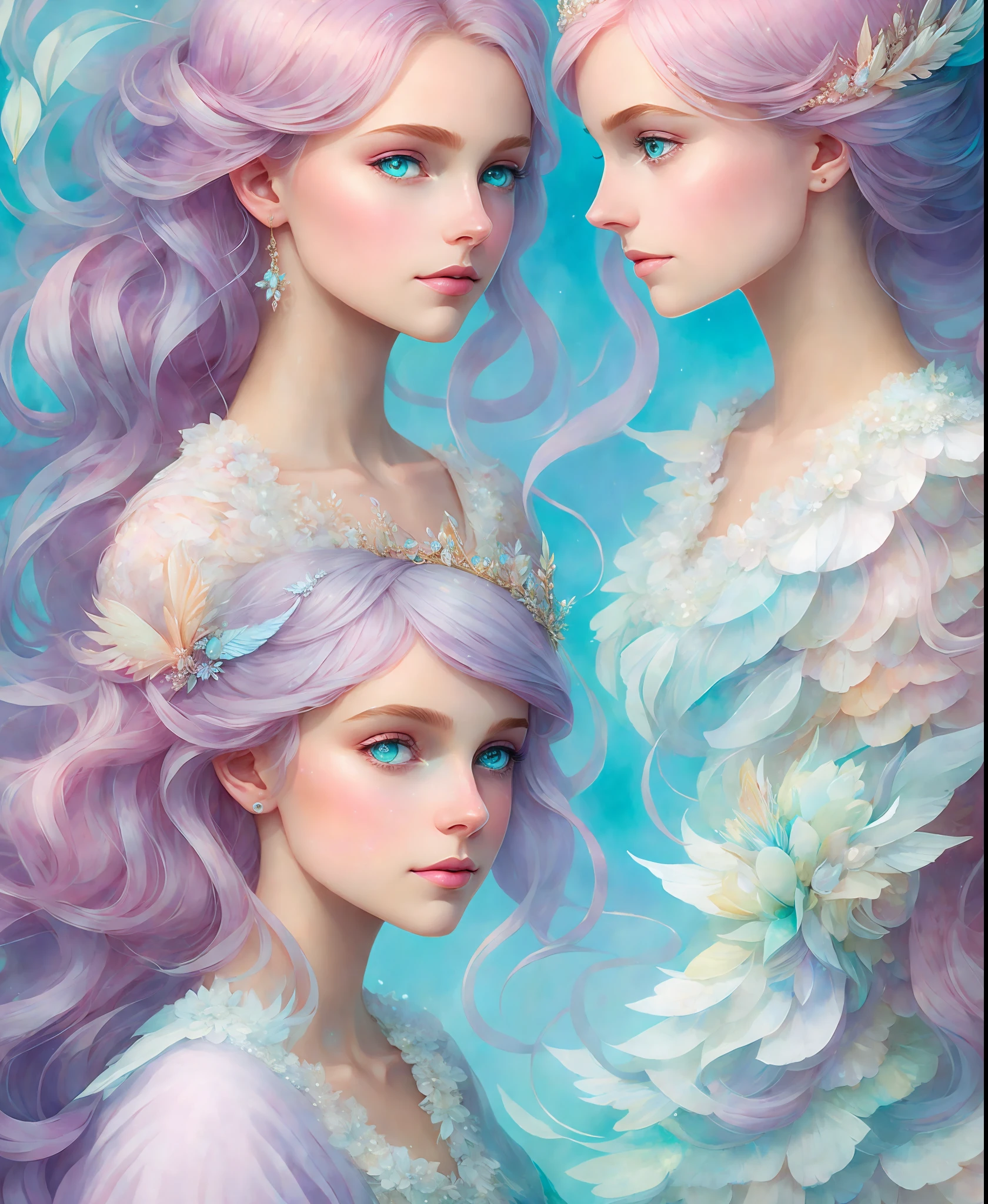 A Princess girl with wing, Blue, Pastel, glitter, dramatic, dreamy, pastel, Watercolor, Caprichoso, Delicate, crown of shells, Trends in Artstation, Highly detailed, Intricate, Portrait, digital painting, Fantasy theme, Costume robes, Conceptual fantasy art, Fantasy character art, smug, adolescent, perfect body, whole body, dreamer, pastel, watercolor, capricious, delicate, shell crown, art of loish and lois van baarle,  Trend in Artstation, highly detailed, intricate, portrait, digital painting