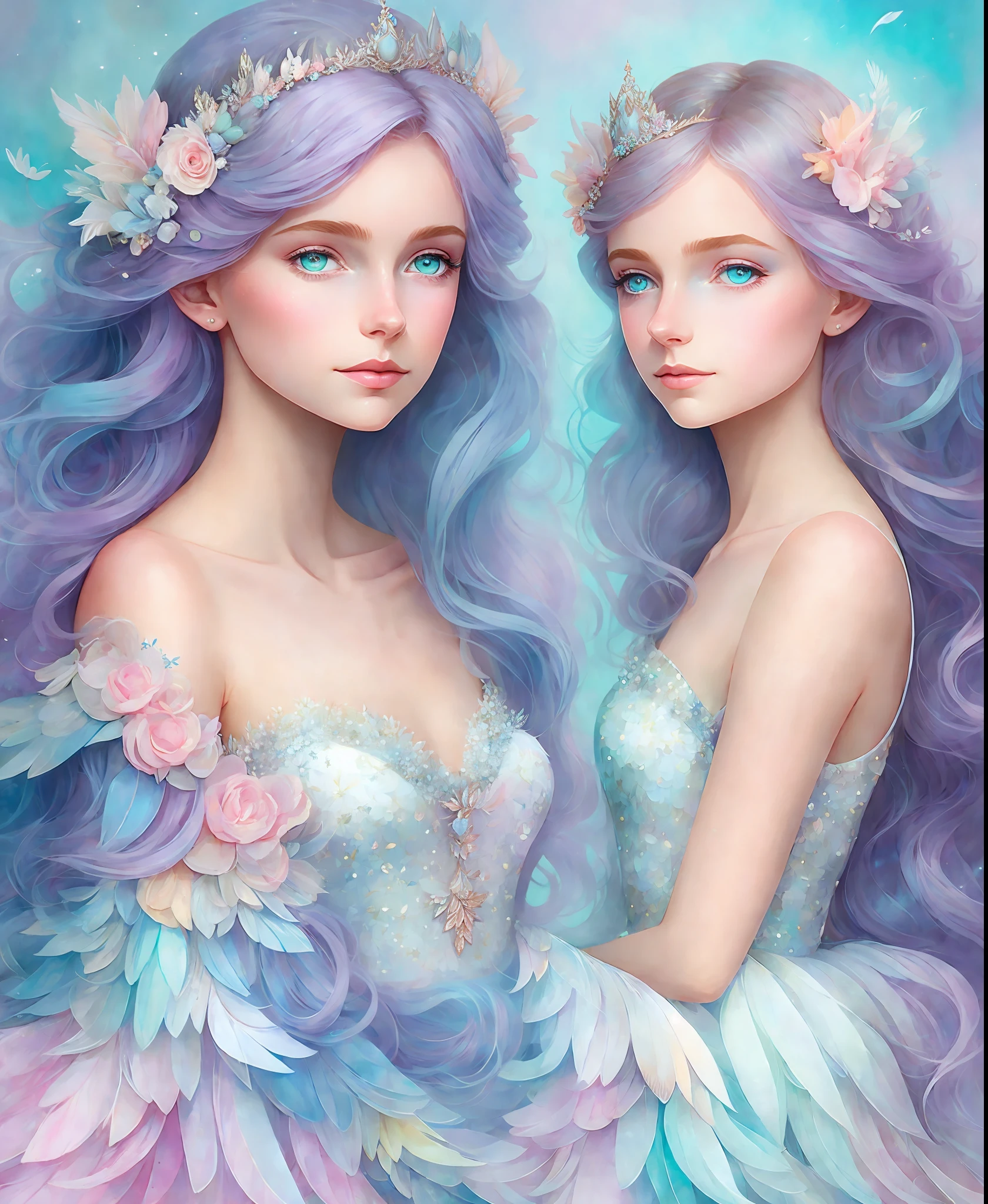 A Princess girl with wing, Blue, Pastel, glitter, dramatic, dreamy, pastel, Watercolor, Caprichoso, Delicate, crown of shells, Trends in Artstation, Highly detailed, Intricate, Portrait, digital painting, Fantasy theme, Costume robes, Conceptual fantasy art, Fantasy character art, smug, adolescent, perfect body, whole body, dreamer, pastel, watercolor, capricious, delicate, shell crown, art of loish and lois van baarle,  Trend in Artstation, highly detailed, intricate, portrait, digital painting