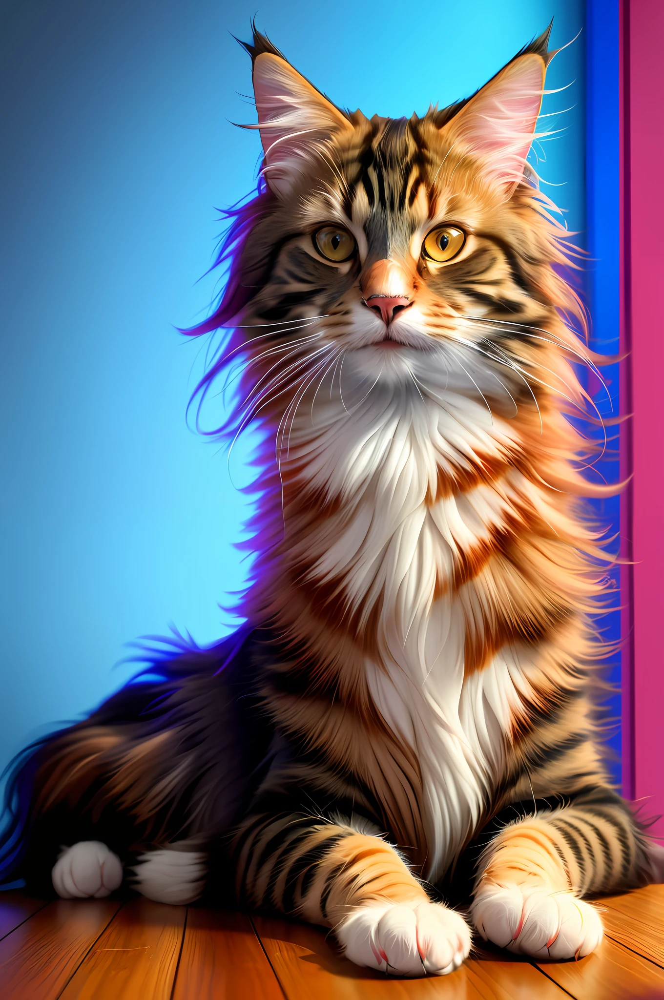 Detailed red and blue background, Happy, smiling cat, 8k, portrait of a beautiful maine coon cat sitting on a wooden table in a colorful detailed room, Detailed skin, Intricate, High Detail, Sharp focus, well lit, digital painting, digital art