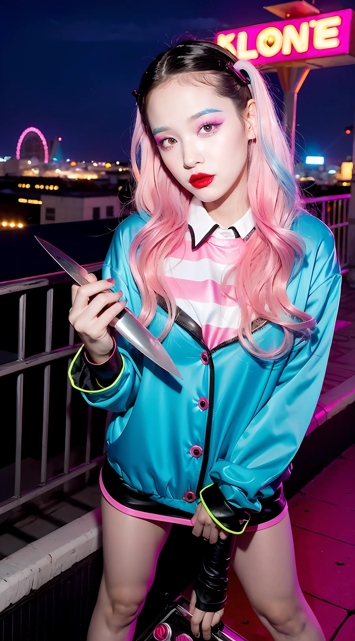 killer, clown makeup, harlequin, 15 years old, holding a knife, roller skates, pink hair color, rooftop at night, big neon sign,
