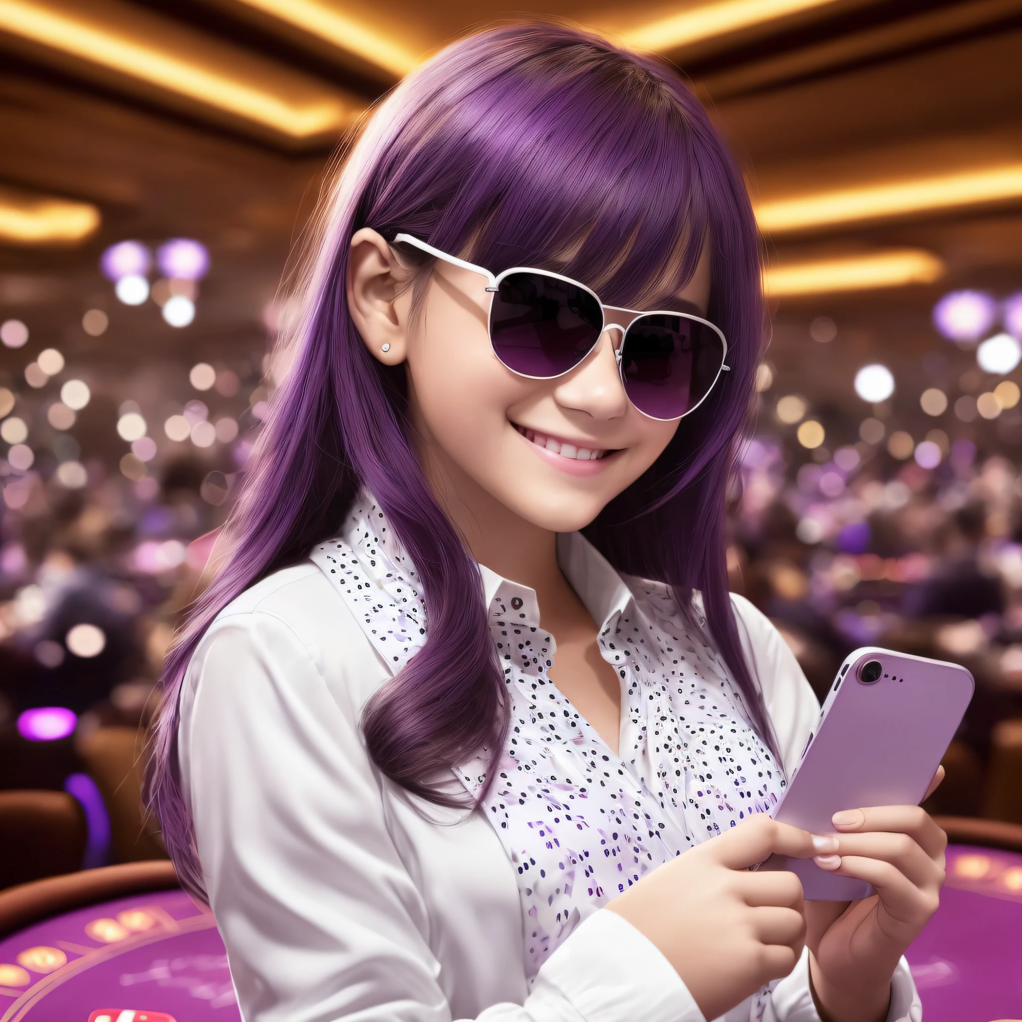 A girl holding an Iphone in her hands (a look at the phone, a smile on her face, a joyful expression on her face), ((in a jacket, a white blouse)), a casino background (poker tables, a lot of people, purple shades) --auto --s2