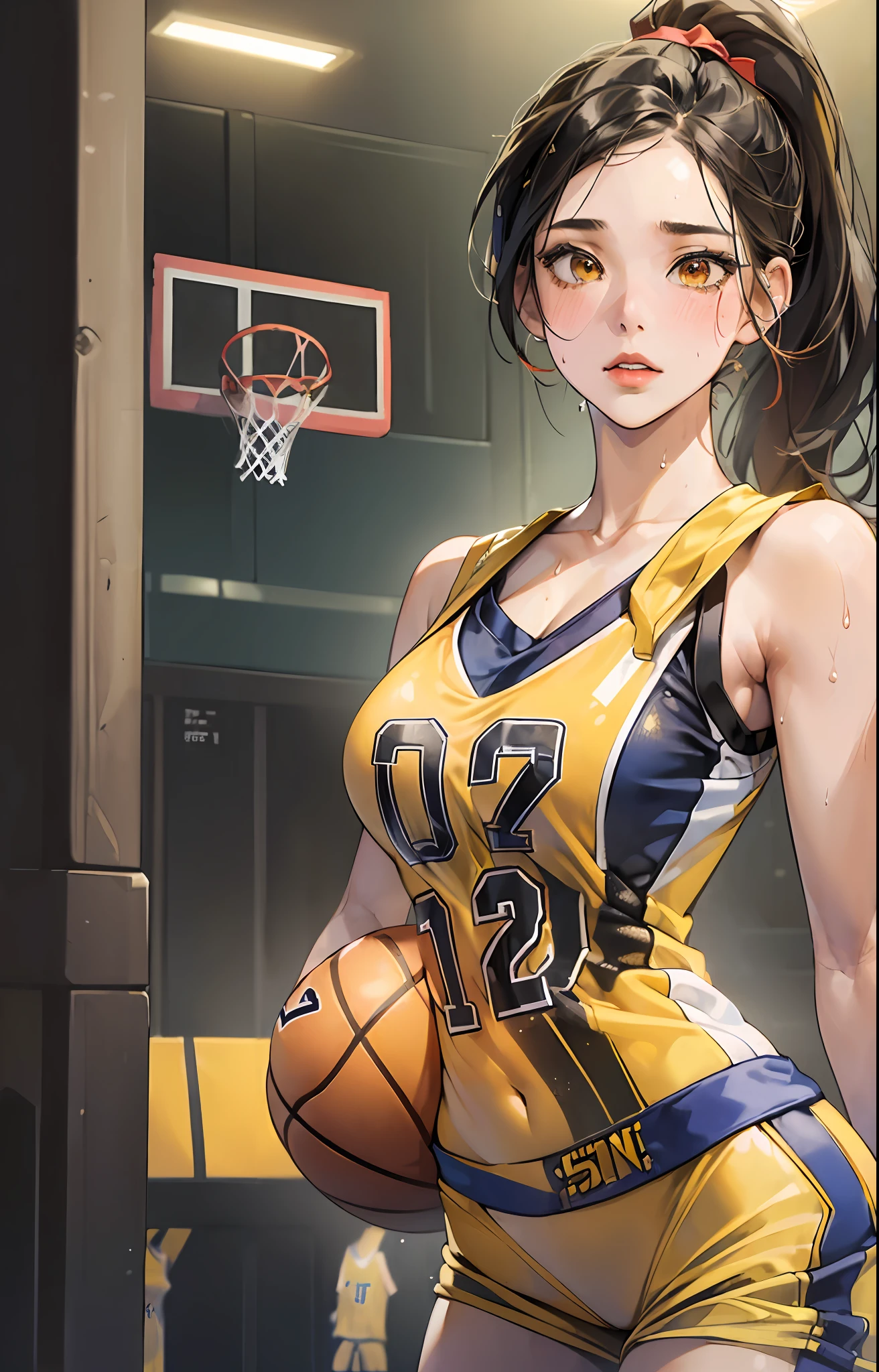 Masterpiece: 1.2, best quality), realistic, (real picture, rich details details, depth of field), (1girl, solo), makeup, cleft lip, high detail, perfect face shape, (big breasts: 1.4), (skindentation), thick thighs, wide buttocks, Thin waist, tall, coral, red lips, red eyes, ponytail, (((((basketball girl, transparent yellow basketball suit)))), (sweat: 1.2), (wet), sexy, blush, sweaty --auto --s2