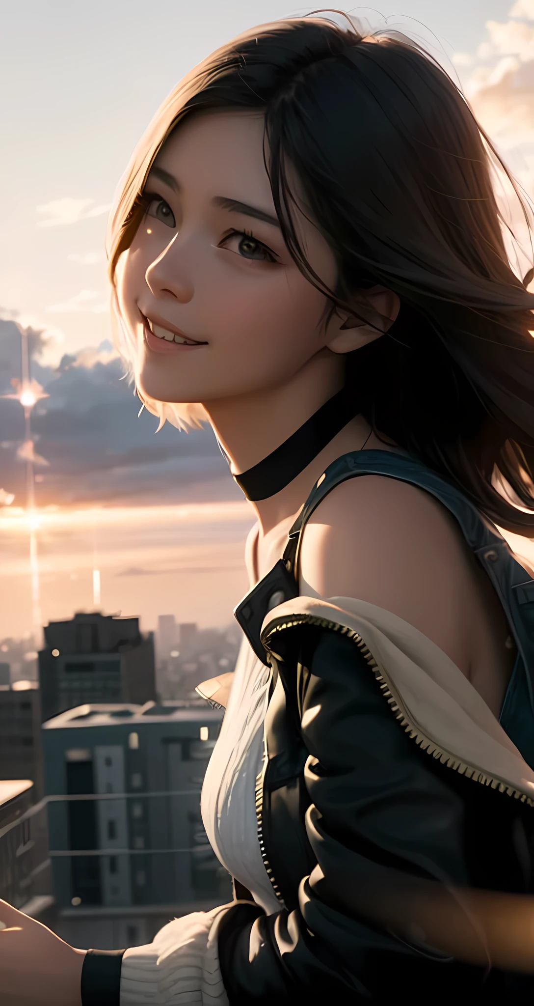 masterpiece, best quality, movie still, 1girl, cloud girl, floating in the sky, close-up, bright, happy, warm soft lighting, sunset, (sparks:0.7)