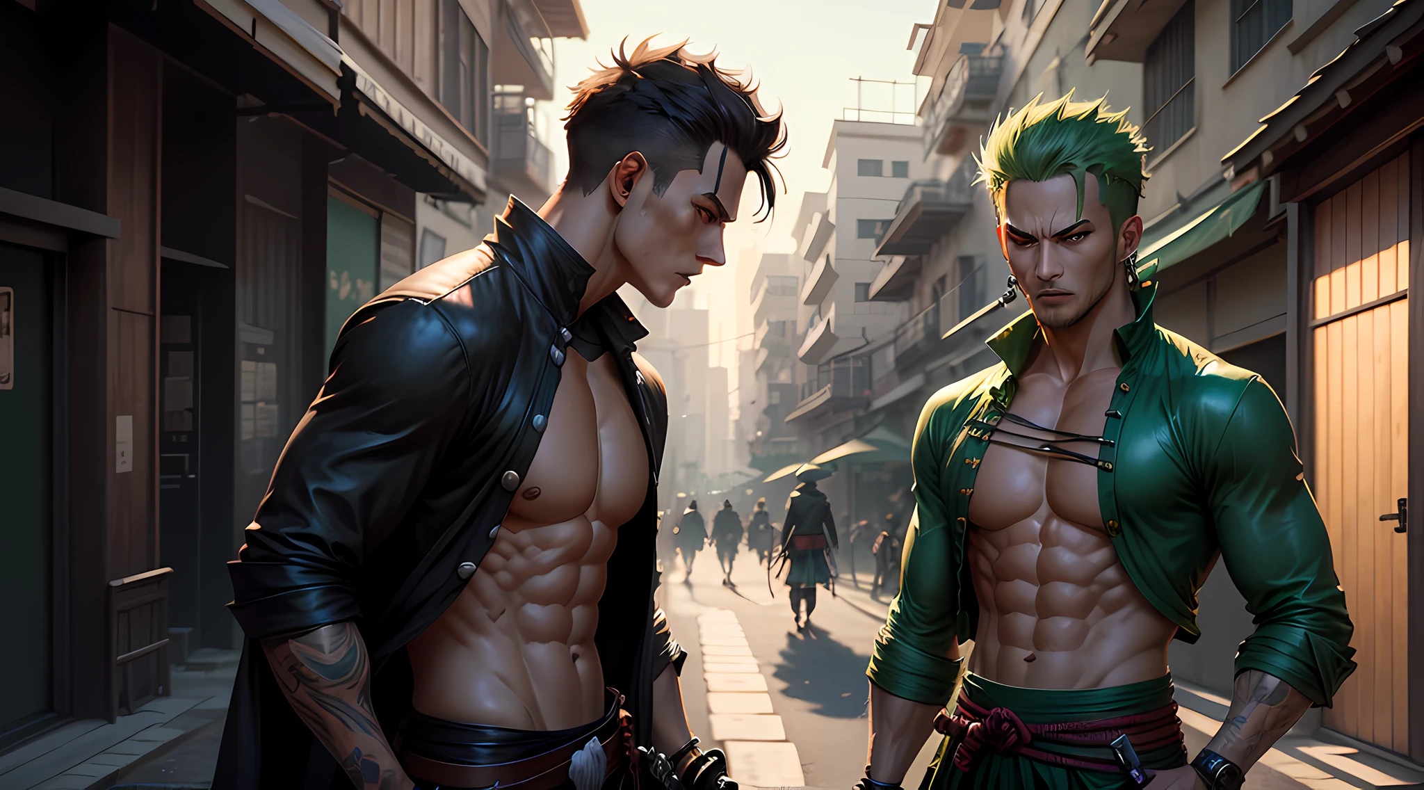 Zoro from One Piece, three swords in a city, kinomo samurai, green kinomo, urban samurai, anime badass 8 k, street samurai, wojtek fus, hyper-realistic cyberpunk style