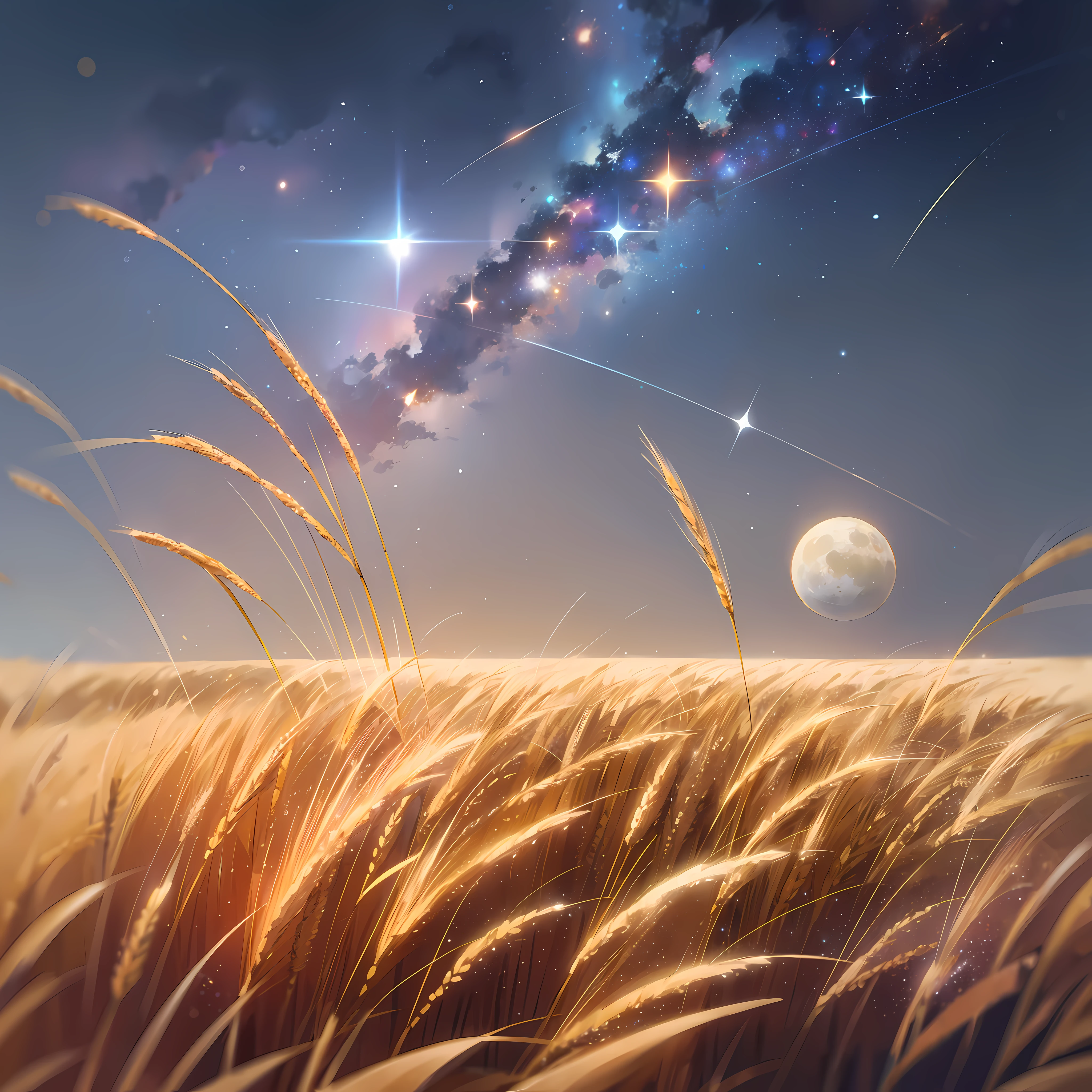 A landscape of a wheat field and this night, the sky has stars and glows of galaxies in the distance, in the sky at three small moons, one red one blue and one golden. the mist. 4K Ultra Resolution, semi-realistic style, include 3 moons. in the sky --auto --s2