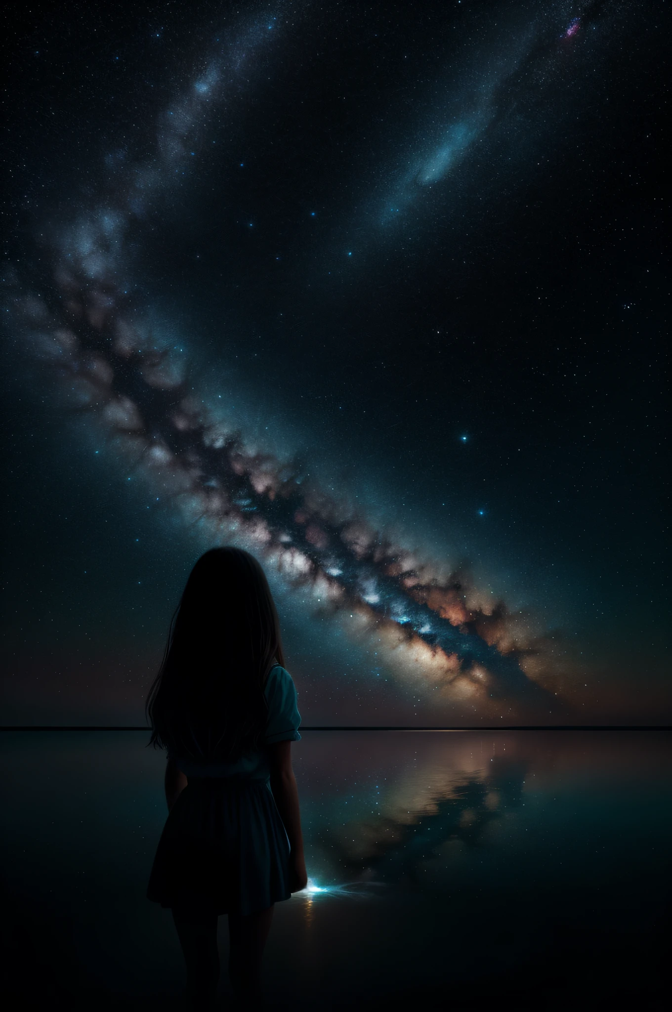 ocean that reflect sky milky way, 1girl thinking universe, fluffy, realistic, atmospheric light refraction, by lee jeffries nikon d850 film stock photograph 4 kodak portra 400 camera f1.6 lens rich colors hyper realistic lifelike texture dramatic lighting unreal engine trending on artstation cinestill 800