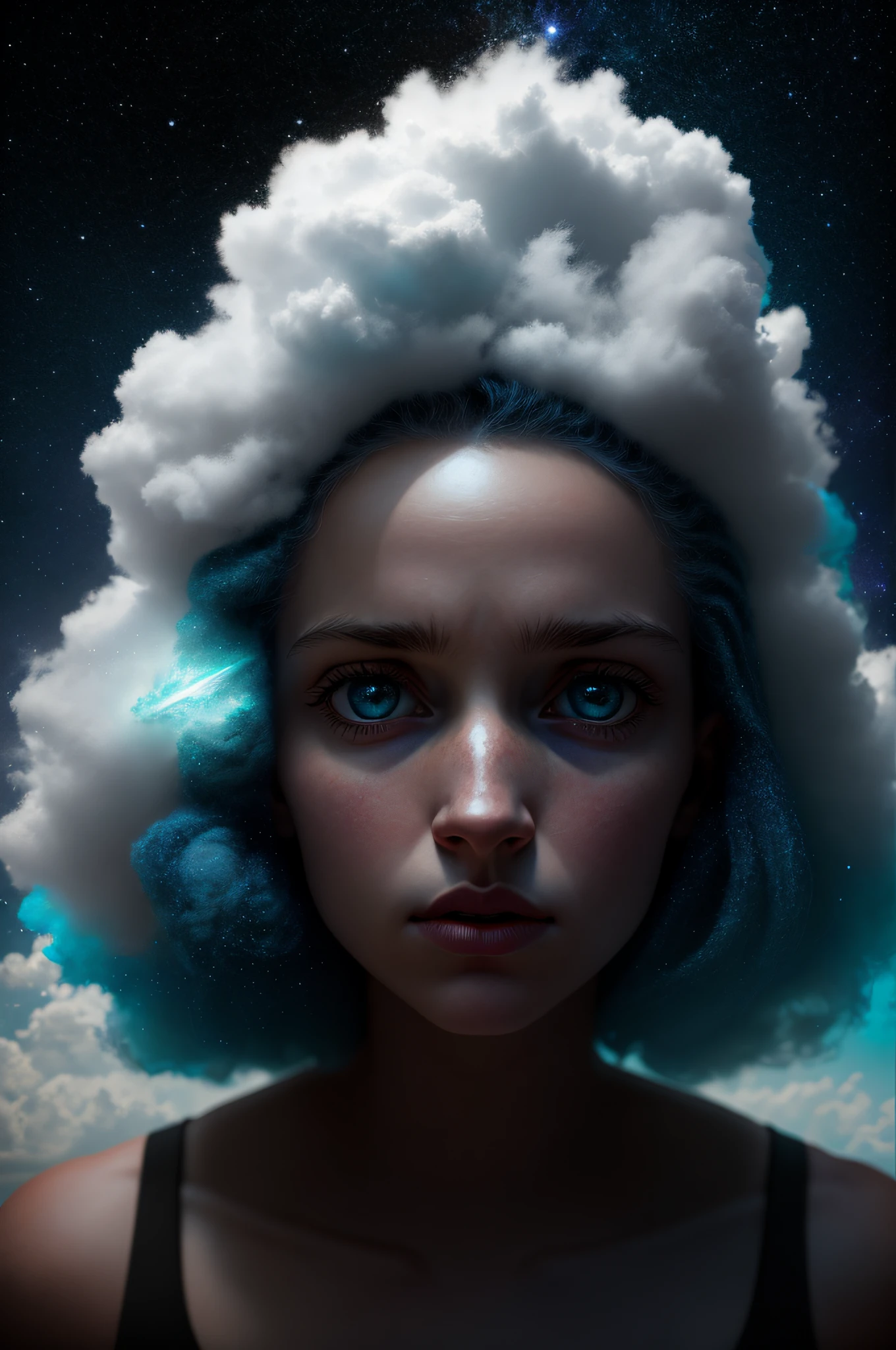 sky milky way, girl with justice, white background, fluffy, realistic, atmospheric light refraction, by lee jeffries nikon d850 film stock photograph 4 kodak portra 400 camera f1.6 lens rich colors hyper realistic lifelike texture dramatic lighting unreal engine trending on artstation cinestill 800