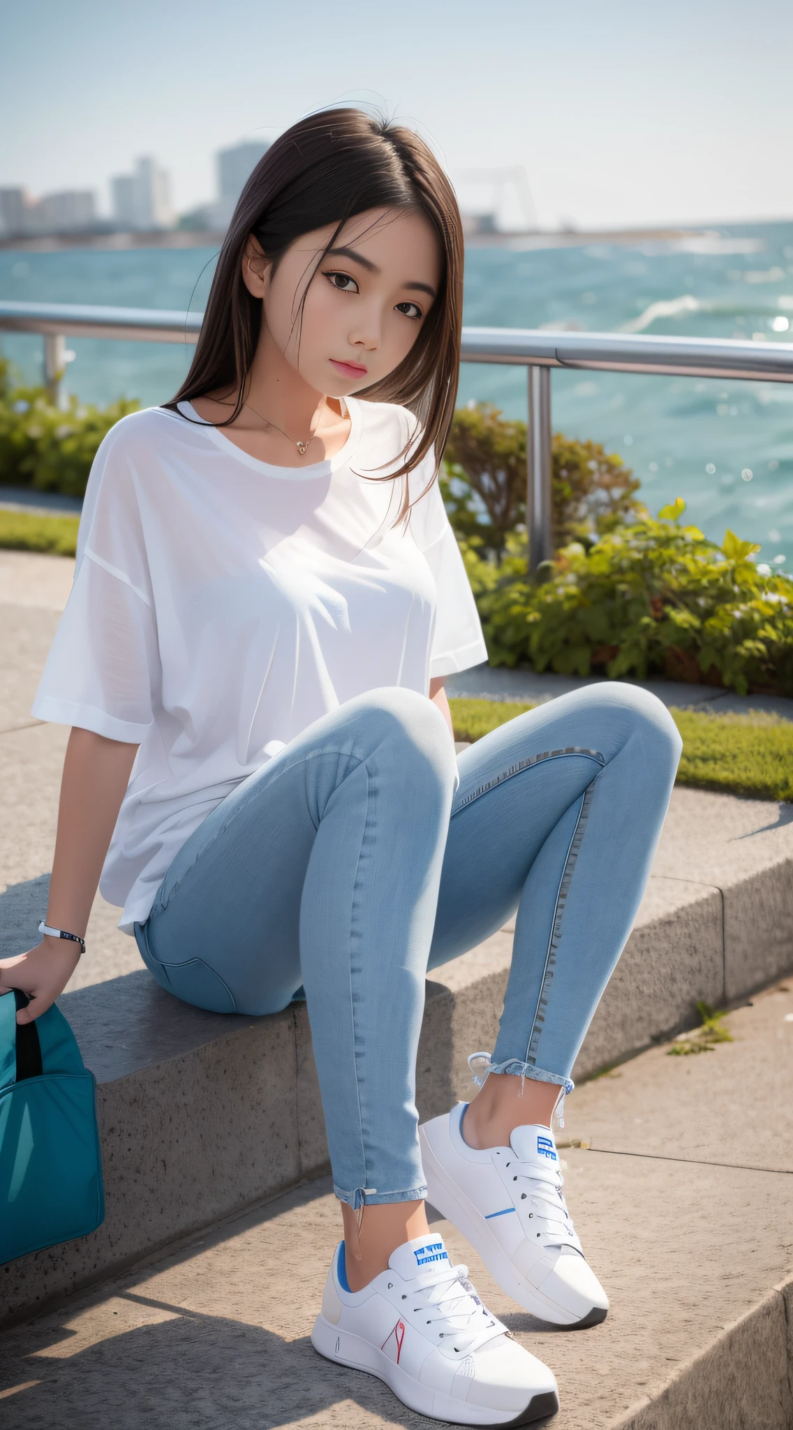 A girl in a soaked white shirt, blue skinny denim trousers, sneakers sitting by the sea (front)