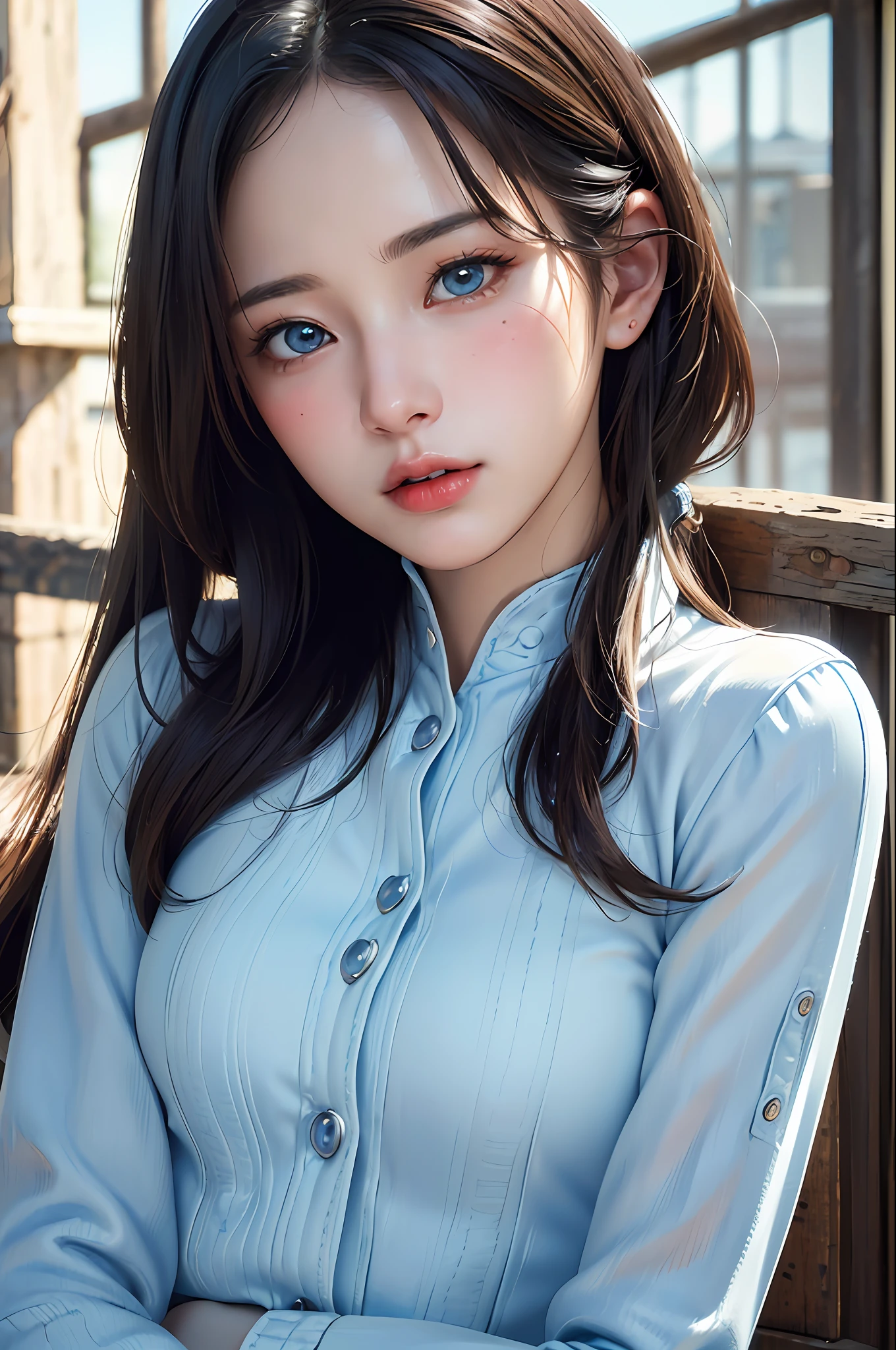 (ultra photorealistic:1.3), (masterpiece:1.4), (cowboy shot:1.2), best quality, ((realistic)), high quality, ultra detailed, ((Real picture)), ((realistic skin)), ((realistic face)), (best quality:1.1), (illustration:1.05), (1girl:1.05), (beautiful:1.05), (beautiful detailed eyes:1.05), (cinematic light:1.1), light blue highlights, emotionless, full body portrait