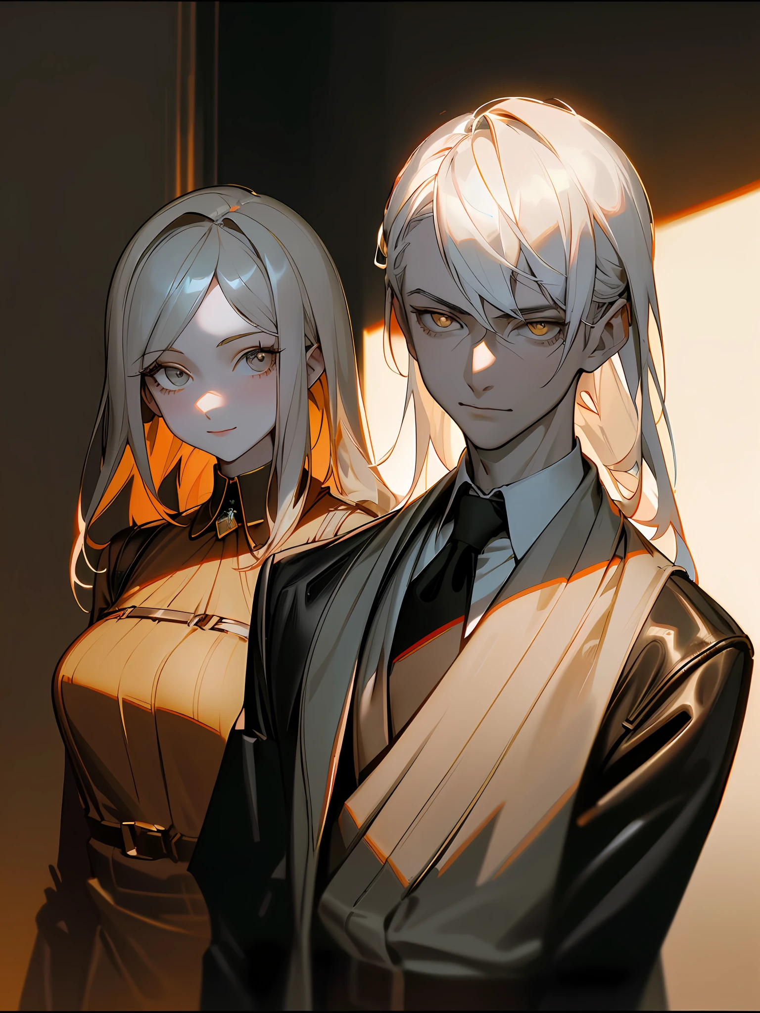Masterpiece, Superb clothes, (Fashionable clothes), (Illustration), (((2 persons)), ((Cute young couple), (Russian mill style), Fashion, Leather, (Happy), (White skin), (Dark circles), Cute, Bar, Toast, Trendy, Dark gray,, Close Up,,(Chiaroscuro)), Fine face details, Facial details, Cinematic lighting, (Depth of field), UHD, (Upper body), Bright background appearance, bright eyes, zoom in the eyes, looking at the observer
