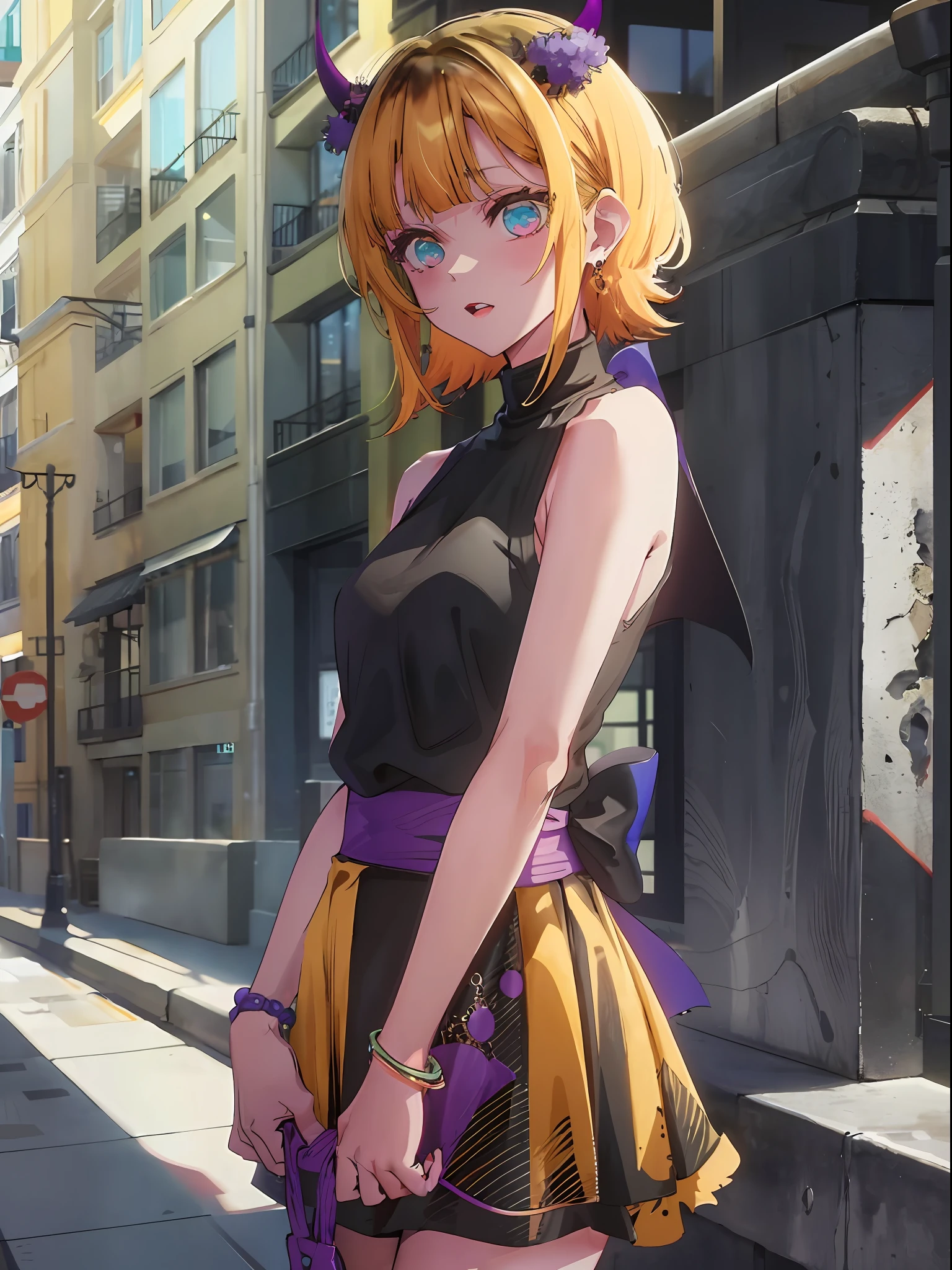 memcho, blonde, black high neck, sleeveless, small horns, mini skirt