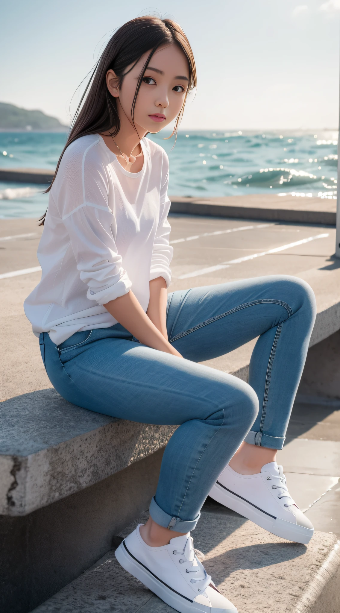 A girl in a soaked white shirt, blue skinny denim trousers, sneakers sitting by the sea (front)