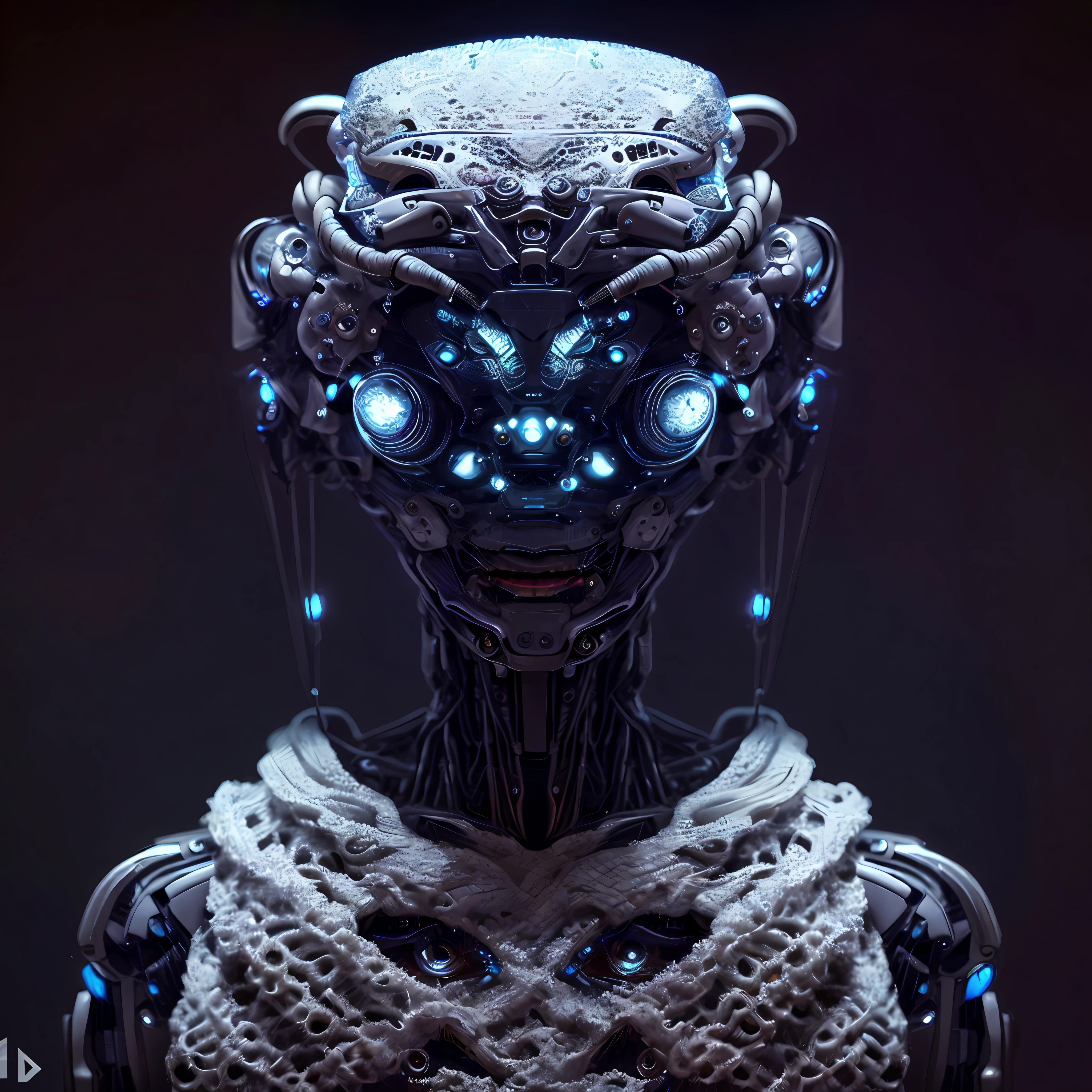 A closeup of a robot with a head made of wires and crooche burrow dressed in a crochet blouse, detailed humanoid, intricate cyborg, intricate trans-human, beautiful biomechanical djinn, bionic scifi Alexandre Ferra, deep cyberpunk mechanoid, humanoid portrait, hyper-detailed fantasy character, detailed portrait of a cyborg, beautiful robot character design, portrait of a futuristic robot, symmetry! futuristic robotics, fashion photo, fashion