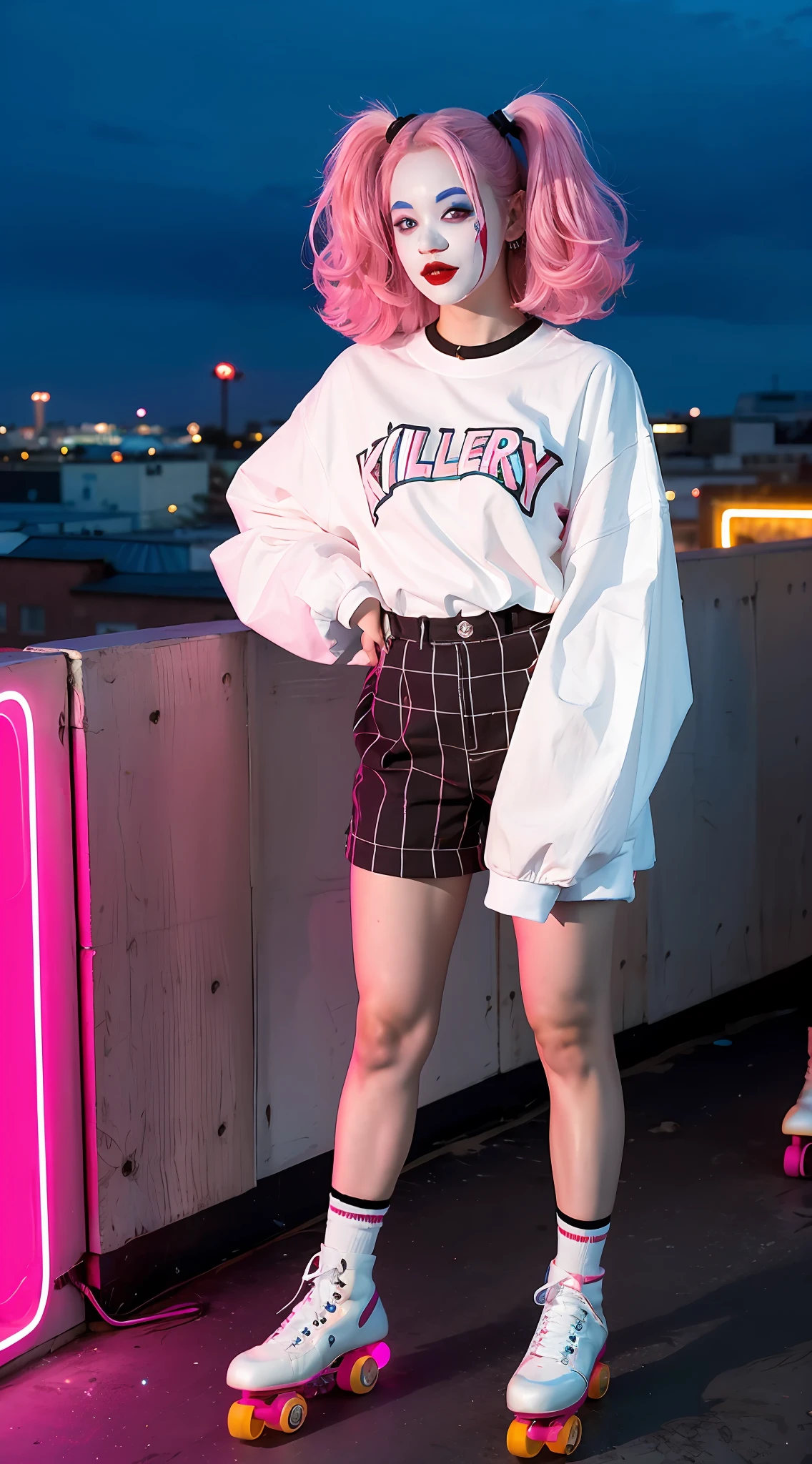 killer, clown makeup, harlequin, 15 years old, holding a knife, roller skates, pink hair color, rooftop at night, big neon sign,