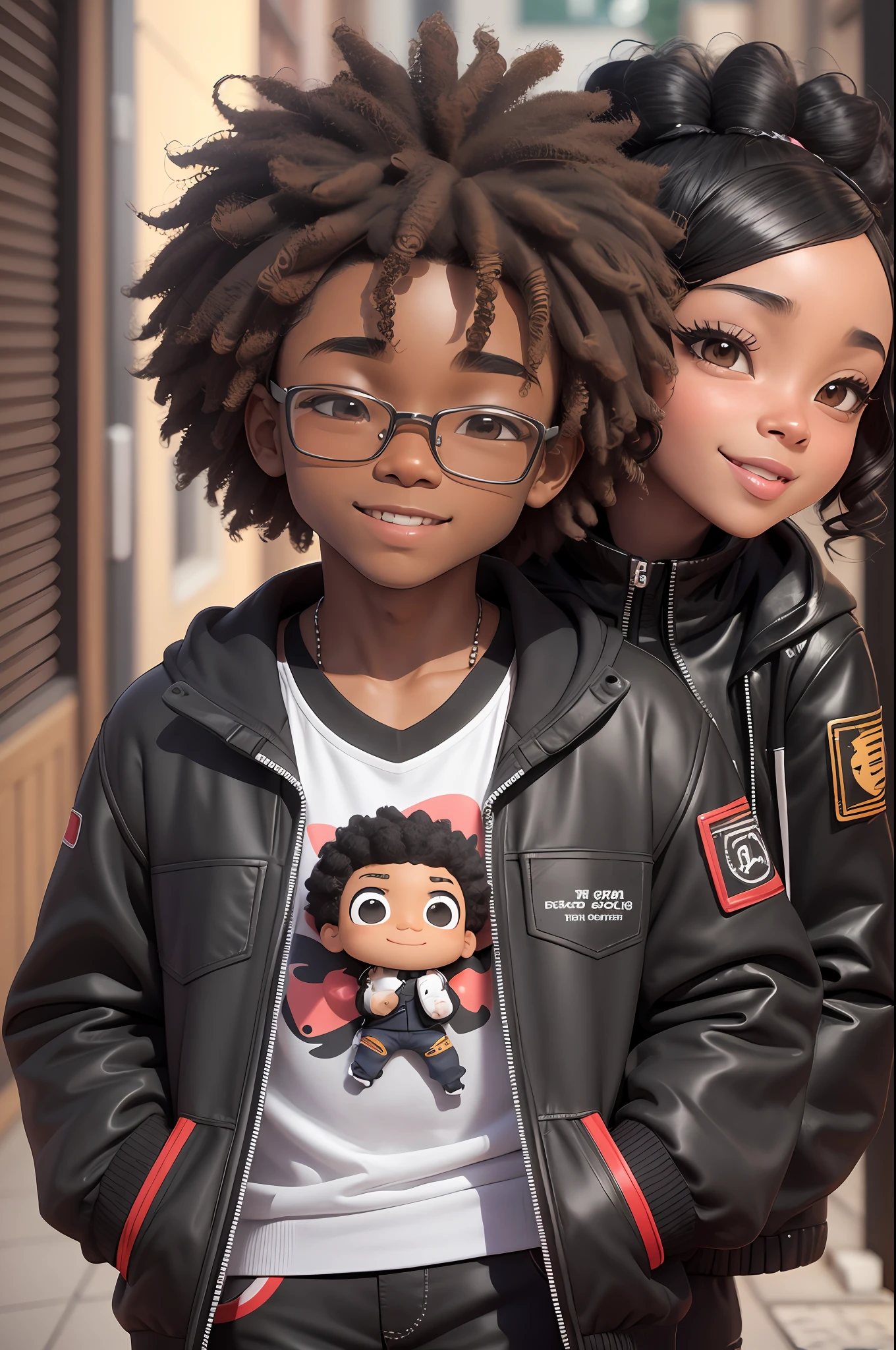 Chibi a couple of funny cartoon characters next to each other in (((3D))), cute smile, detailed affections, highly photographic rendering, chibi, traditional afro boy-girl romance, light black coat, it's the beginning of everything, cute young man, in 3d, ghailan! --auto --s2