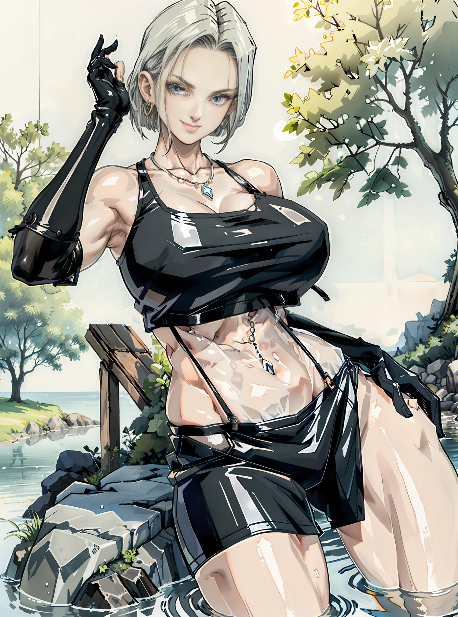 (nsfw:1.3),A thin waist with abs。 Perfectly symmetrical body. (sexy eyes) (seductive eyes) (clothes wet with water) (completely transparent plastic top) (suspender stockings, suspender stockings, high-gloss stockings) fleshy thighs tightened by high-gloss suspender stockings, huge soft breasts. Outermost transparent gauze on body, beautiful woman, surreal, 1 girl, ((facing the viewer, hand caressing her chest)), (huge soft breasts, charming body: 1.8), sit-ups: 1.6, gray hair: 1.8, (wet rain, wet body: 1.7), painting, masterpiece, best quality, ultra-detailed, absurd, portrait beautiful, solo, earrings, jewelry, bikini, smile, sexy belt outfit, tank top, sky, day, swimwear, outdoors, gloves, necklace, transparent bikini, sexy, volumetric lighting, best quality, masterpiece, intricate details, realistic skin texture, pixiv, ultra-detailed, artstation trend,