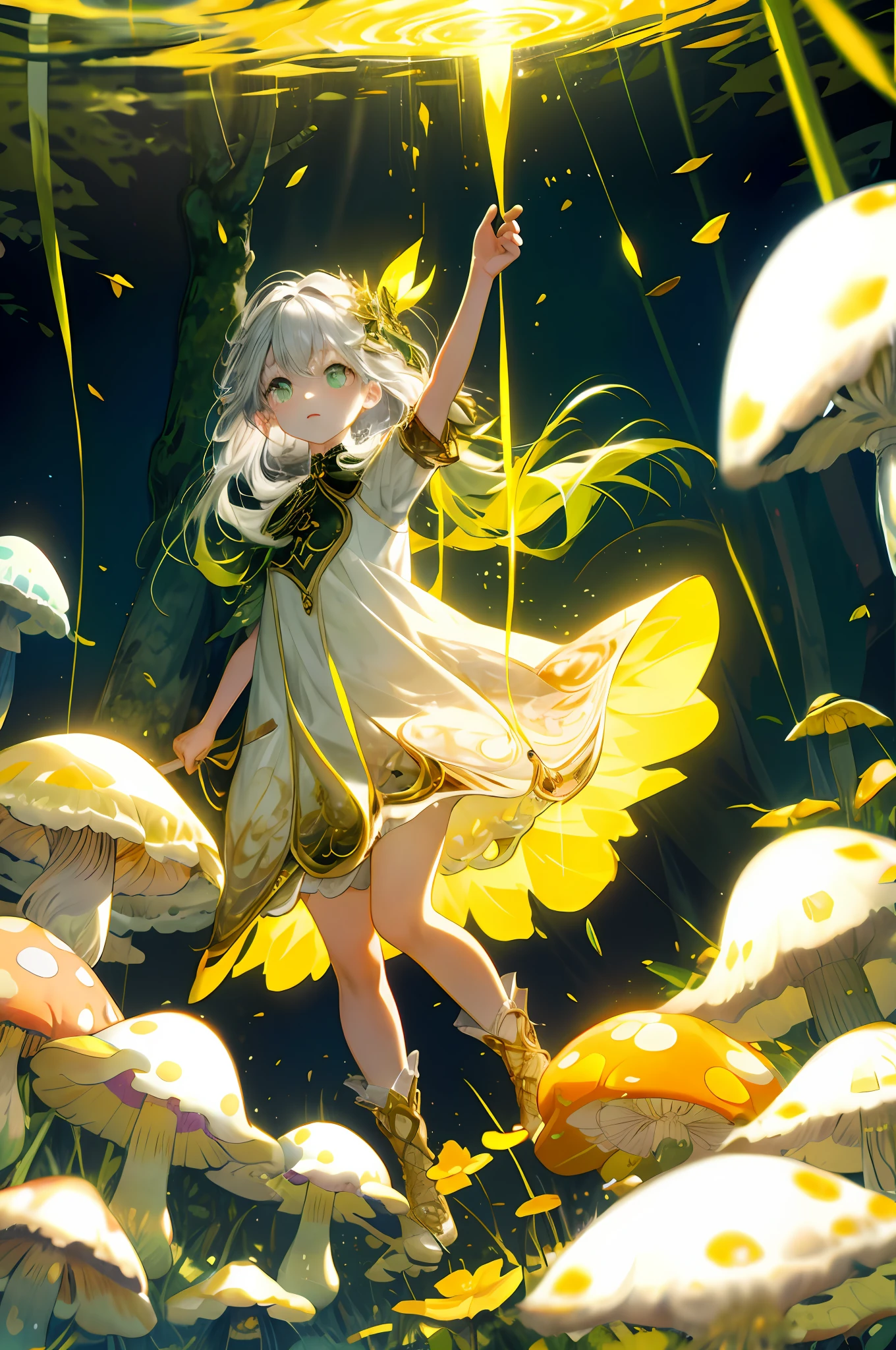 (flat color:0.9),(colorful:1.1),(masterpiece:1,2), best quality, masterpiece, highres, original, extremely detailed wallpaper,1girl,solo, young child girl, long light grey hair, white dress with golden embroidery, green and gold elements, glowing, flowing hair, fullbody, floating in the air in the middle of the forest, magic fantasy forest, glowing flowers and mushrooms, sunny day, sunny light, rays of light, dynamic lighting, cinematic shot