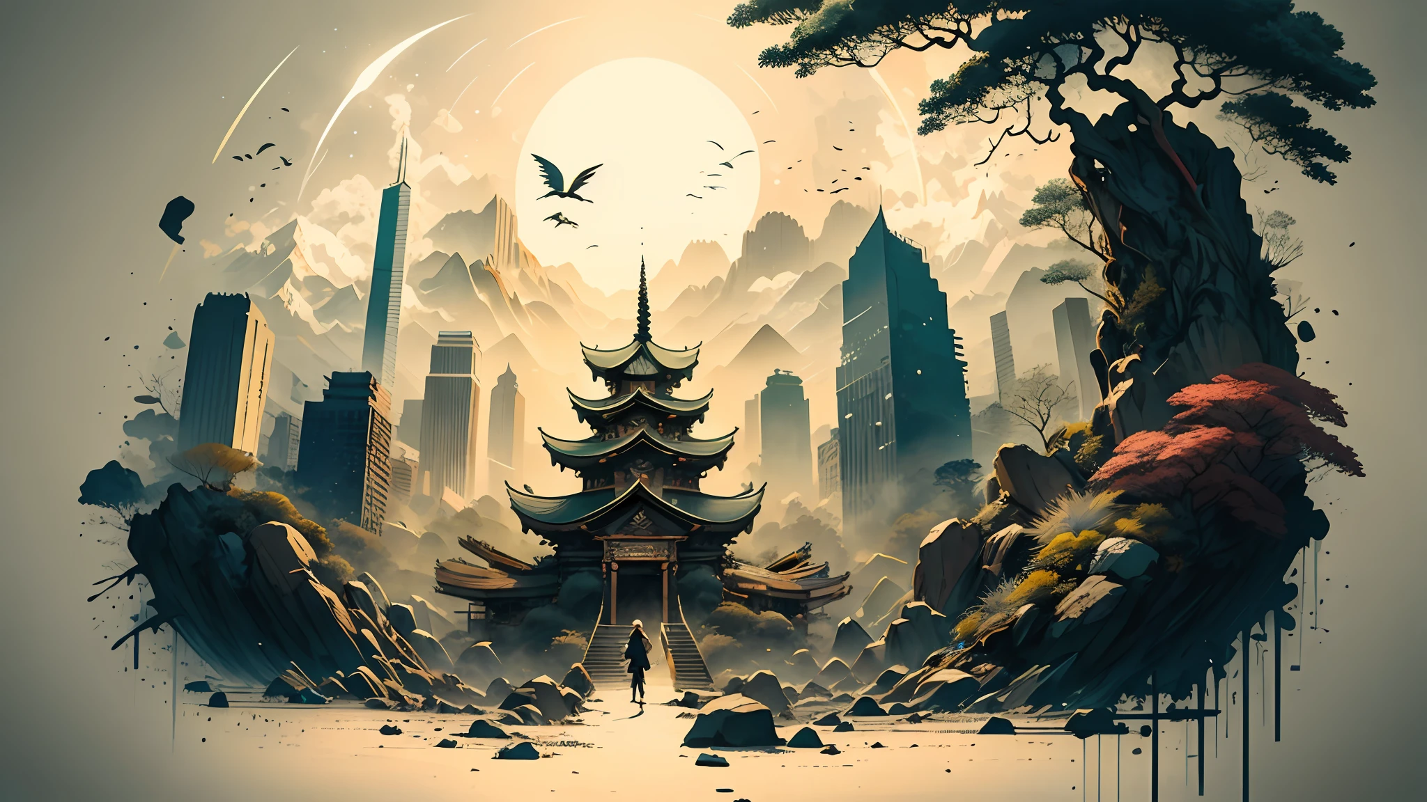 Absurd, high resolution, ultra-detailed, (1 girl:1.3), broken, design a beautiful temple scene, intricate architecture, lush gardens, and a sense of peace and spirituality. Broken, creating an image of a destructive demon with terrifying features, dark powers, and a thirst for chaos and destruction. Broken, designed with a fisheye effect image that captures a wide field of view with a unique curved viewing angle. Break to create rooftop views in urban environments with panoramic cityscapes, dramatic skylines, and a sense of elevation. Break , illustrating the tender moments between parents and children, capturing their bonds, love, and connection. Broken, using pointillism to illustrate images, carefully placed tiny dots of color to create a cohesive and visually stunning whole.