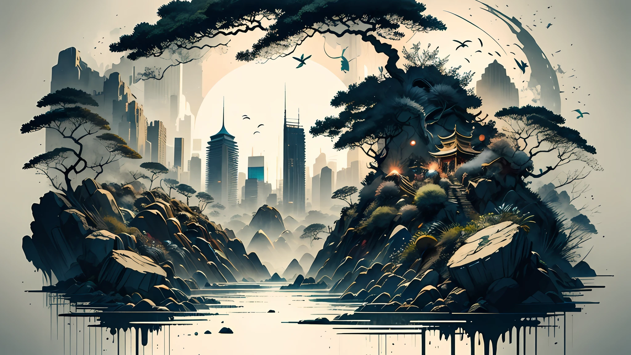 Absurd, high resolution, ultra-detailed, (1 girl:1.3), broken, design a beautiful temple scene, intricate architecture, lush gardens, and a sense of peace and spirituality. Broken, creating an image of a destructive demon with terrifying features, dark powers, and a thirst for chaos and destruction. Broken, designed with a fisheye effect image that captures a wide field of view with a unique curved viewing angle. Break to create rooftop views in urban environments with panoramic cityscapes, dramatic skylines, and a sense of elevation. Break , illustrating the tender moments between parents and children, capturing their bonds, love, and connection. Broken, using pointillism to illustrate images, carefully placed tiny dots of color to create a cohesive and visually stunning whole.