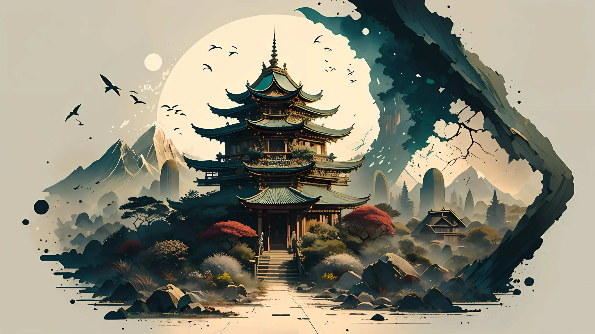 Absurd, high resolution, ultra-detailed, (1 girl:1.3), broken, design a beautiful temple scene, intricate architecture, lush gardens, and a sense of peace and spirituality. Broken, creating an image of a destructive demon with terrifying features, dark powers, and a thirst for chaos and destruction. Broken, designed with a fisheye effect image that captures a wide field of view with a unique curved viewing angle. Break to create rooftop views in urban environments with panoramic cityscapes, dramatic skylines, and a sense of elevation. Break , illustrating the tender moments between parents and children, capturing their bonds, love, and connection. Broken, using pointillism to illustrate images, carefully placed tiny dots of color to create a cohesive and visually stunning whole.