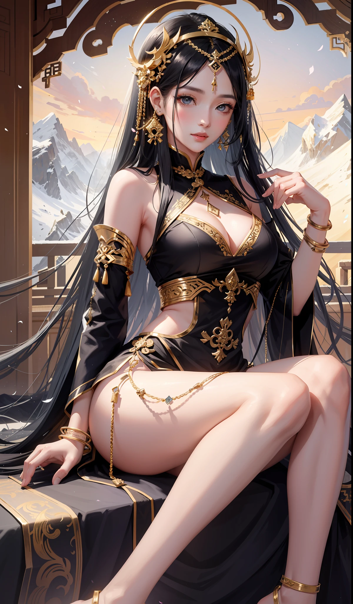 A woman wearing gorgeous clothes in ancient China, superlative, long black hair, Chinese-style headdress, intricate and detailed jewelry, blingbling jewelry, wearing Dunhuang-style clothes, like a fairy descending, full of wisdom, fresh temperament, fair skin, long black hair, flowing long hair, messy and scattered hair, afternoon sunset, edge lighting, best light and shadow, best shadow, sparkling, dreamy picture, snowy mountains in the distance, complex clothes, flying Ayara, There is a kind of aroma, body fragrance, petals, surrounded by petals, outside the temple in Tibet, 1girl, ultra high definition, complex light and shadow, dancing, light makeup, big eyes, long eyelashes, slim, good-looking long legs, thin waist, will be deeply attracted by the characters in the painting, the most beautiful woman in the world, 25 years old, mysterious, bare feet, gold on the head, wearing a bracelet, seductive expression, pink blush, looking at the audience, extraordinary temperament, imaginative masterpiece, WOULP style