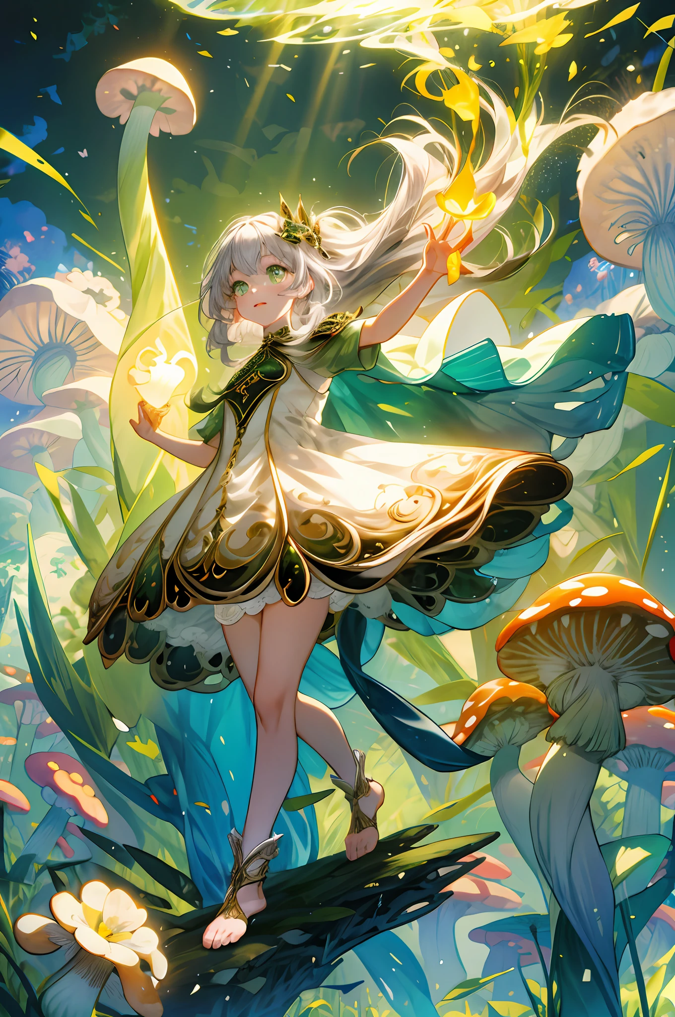 (flat color:0.9),(colorful:1.1),(masterpiece:1,2), best quality, masterpiece, highres, original, extremely detailed wallpaper,1girl,solo,long light grey hair, white dress with golden embroidery, green and gold elements, glowing, flowing hair, fullbody, floating in the air in the middle of the forest, magic fantasy forest, glowing flowers and mushrooms, sunny day, sunny light, rays of light, dynamic lighting, cinematic shot