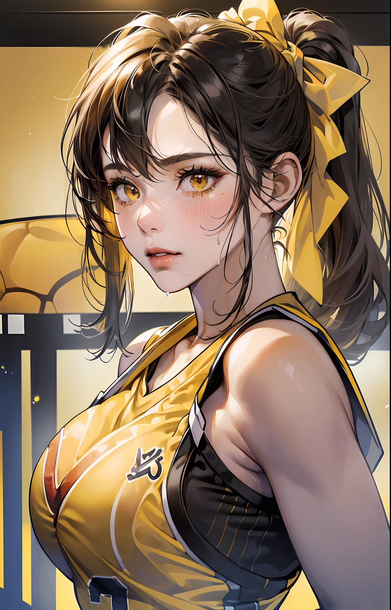 Masterpiece: 1.2, best quality), realistic, (real picture, rich details details, depth of field), (1girl, solo), makeup, cleft lip, high detail, perfect face shape, (big breasts: 1.4), (skindentation), thick thighs, wide buttocks, Thin waist, tall, coral, red lips, red eyes, ponytail, (((((basketball girl, transparent yellow basketball suit)))), (sweat: 1.2), (wet), sexy, blush, sweaty --auto --s2
