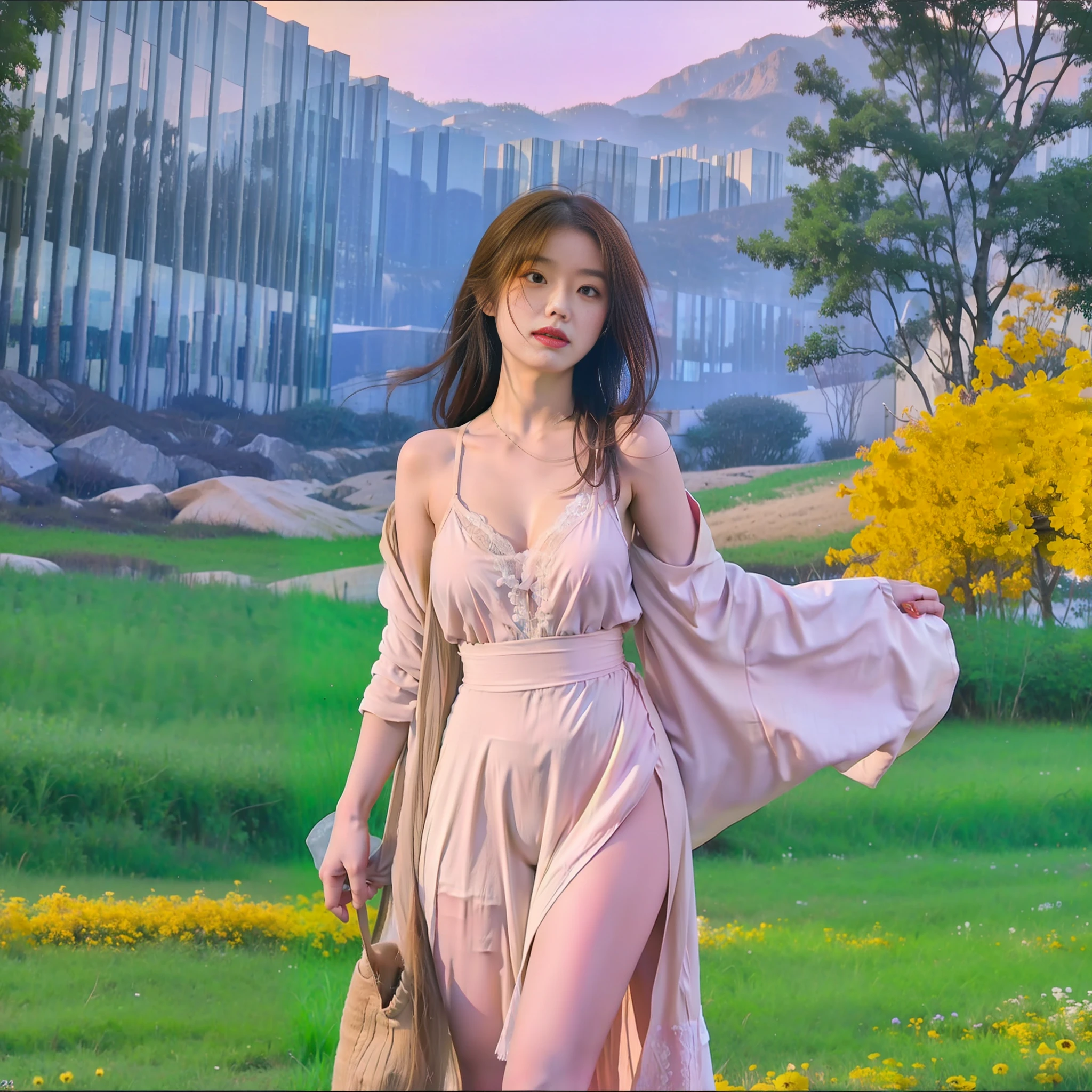 Photos of vast landscapes, (from below, sky above, open fields below), a girl standing on a flower field looking up, (Full Moon: 1.2), (Meteor: 0.9), (Nebula: 1.3), Distant Mountains, Trees BREAK Making Art, (Warm Light Source: 1.2), (Firefly: 1.2), Lamps, Intricate Details, Volume Lighting BREAK (Masterpiece: 1.2), (Best Quality), 4K, Ultra Detailed, (Dynamic Composition: 1.4), Detailed, Colorful, (Rainbow Color: 1.2), Big Breasts, Erotic Underwear, (Glow, Atmospheric Lighting), Dreamy, Fantastic, (Solo: 1.2), Slip Dress, Hanfu