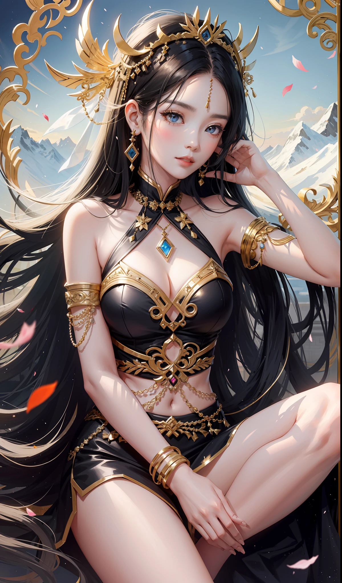 A woman wearing gorgeous clothes in ancient China, superlative, long black hair, Chinese-style headdress, intricate and detailed jewelry, blingbling jewelry, wearing Dunhuang-style clothes, like a fairy descending, full of wisdom, fresh temperament, fair skin, long black hair, flowing long hair, messy and scattered hair, afternoon sunset, edge lighting, best light and shadow, best shadow, sparkling, dreamy picture, snowy mountains in the distance, complex clothes, flying Ayara, There is a kind of aroma, body fragrance, petals, surrounded by petals, outside the temple in Tibet, 1girl, ultra high definition, complex light and shadow, dancing, light makeup, big eyes, long eyelashes, slim, good-looking long legs, thin waist, will be deeply attracted by the characters in the painting, the most beautiful woman in the world, 25 years old, mysterious, bare feet, gold on the head, wearing a bracelet, seductive expression, pink blush, looking at the audience, extraordinary temperament, imaginative masterpiece, WOULP style