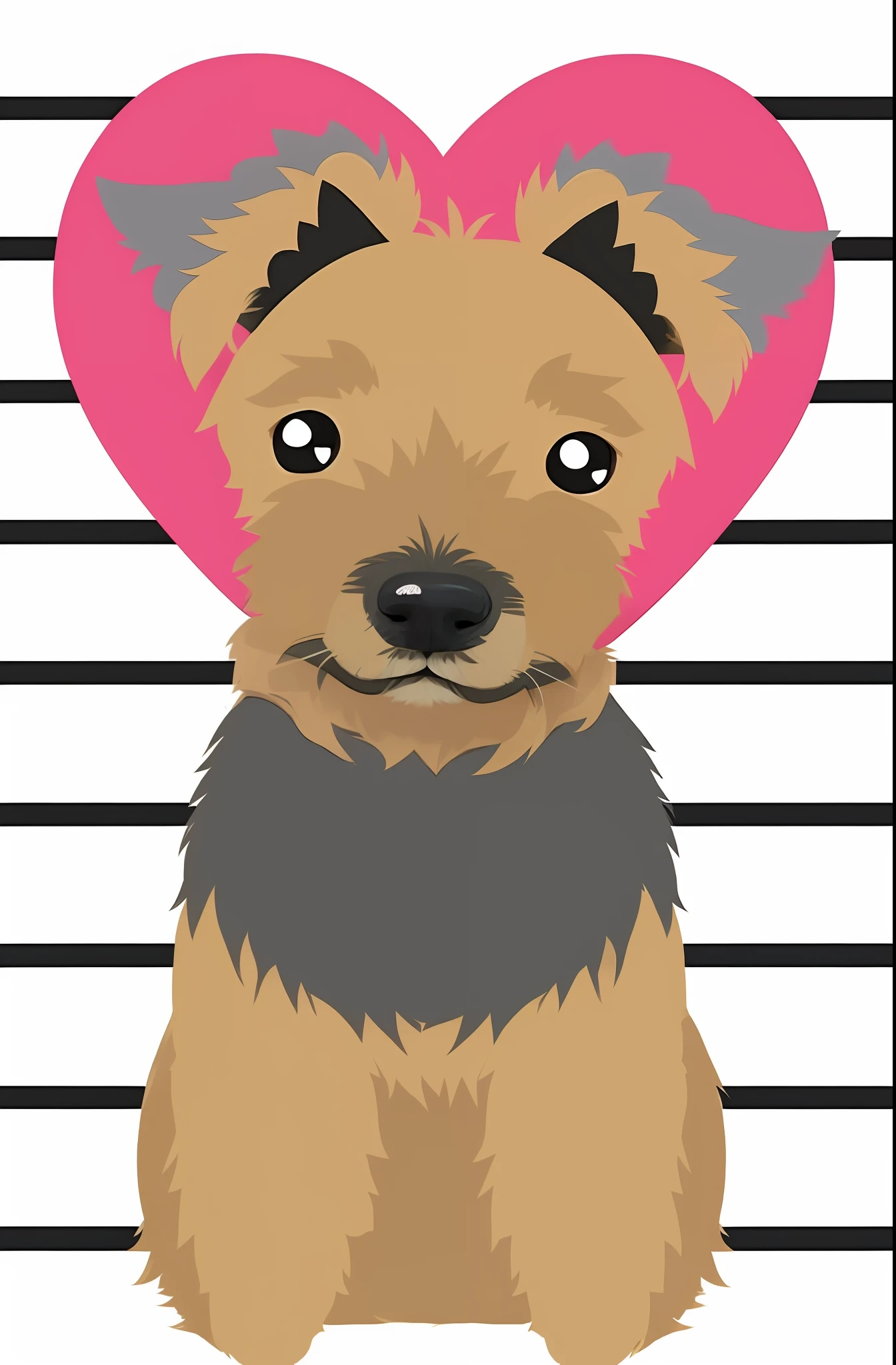 a dog with a heart on its head sitting in front of a striped background, yorkshire terrier, cute furry needs your help, kawaii cute dog, cute dog, cartoonish cute, furraffinity, woof woof, mugshot!!!!!, cute artwork, cute illustration, by Shiba Kōkan, scruffy looking, mugshot!!!, dog ears, inspired by Peter Alexander Hay