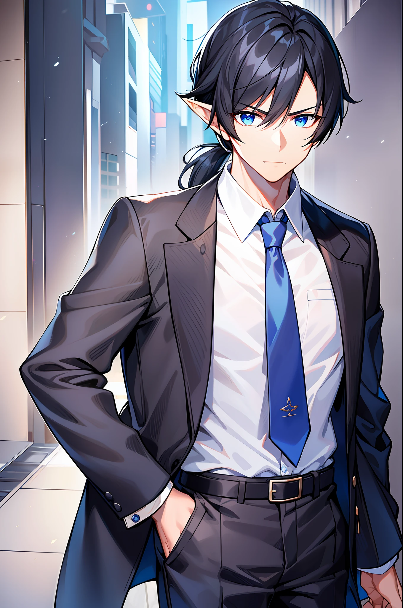 male, young, black hair, straight hair, low ponytail, ((bangs)), light blue eyes, pointy ears, black coat, button up shirt, blue tie, black pants, cowboy shot, masterpiece,