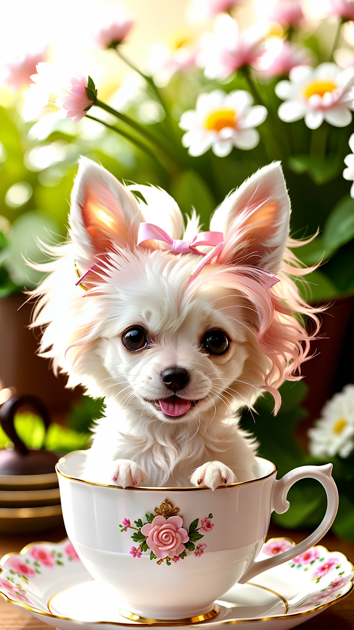 Cute little white Chihuahua in teacup, big eyes, 8k, delicate, clear, (pink fluffy hair tail) ((real)), paws sticking out teacup, sticking out tongue, smile, cute hairpins, ((cute)), ((small)), professional photographer, professional photography, (((hair fluffy)), antique plate with good texture, (face sticking out of teacup), indoors, sunlight, light leakage, realistic like photos, curly hair worn on ears, pink, golden