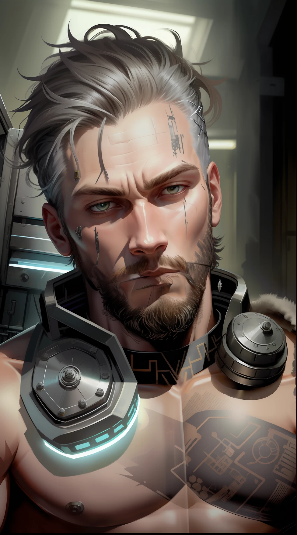 A cybernetic viking man in the range of 27 years old, barbaric muscular stereotype, with Viking wolf fur coat (Viking mechanical parts: 1.5), fighting, gloomy bright eyes, short hair, tight supersuit torn, in a destroyed city, smoke and fire, aura of brilliant power, dynamic pose, dynamic vision, hyper detailed, 8k quality, with tattoo on the arm, Clock of thorns in the chest and in the headset, merge images, hyper realism. Enjoy original photo base, mechanical and human bust with Viking coat of arms thorns. With gray goatee and gray hair, blood dripping down his face.