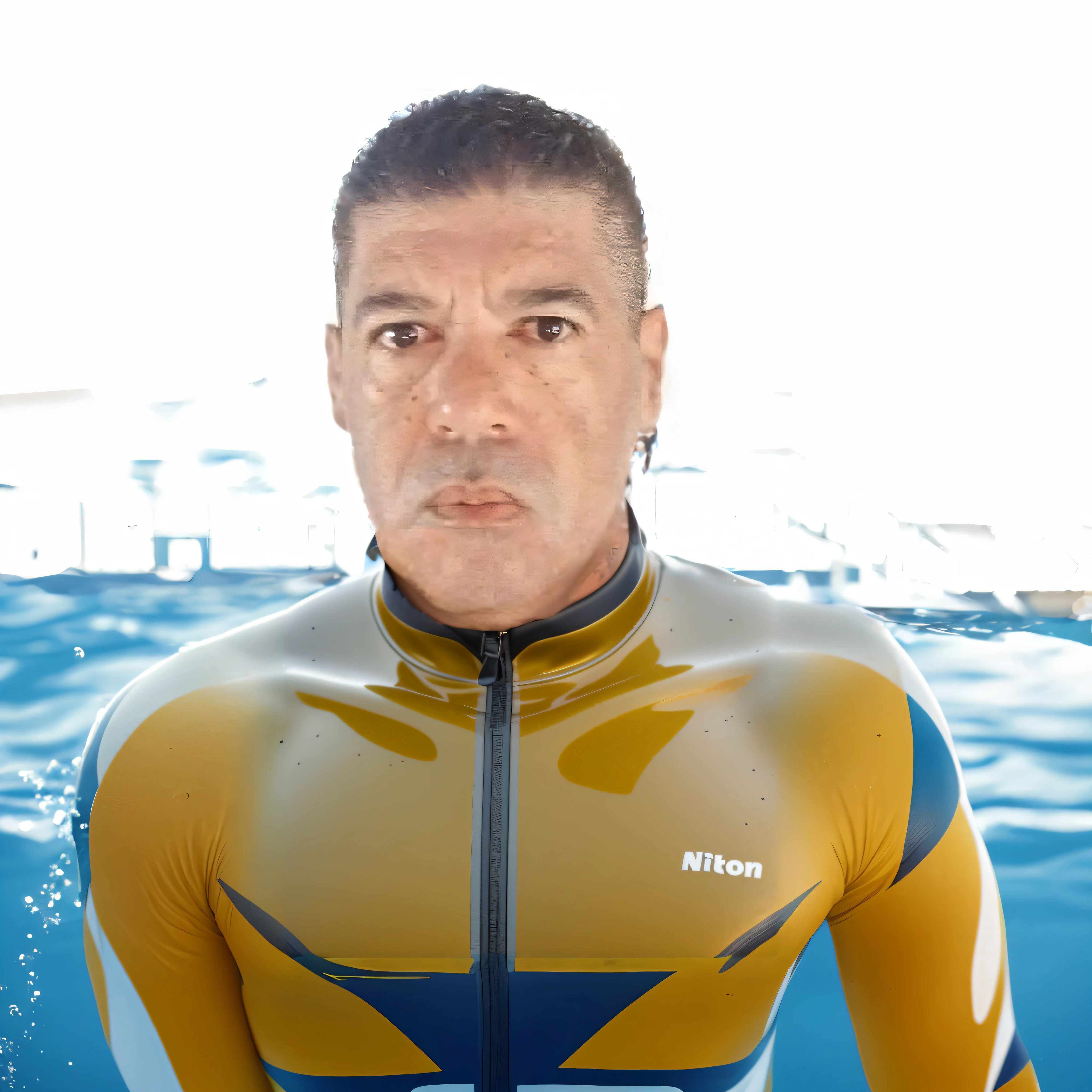 insert and corrgir the image with a background of the image a bleachers for population to watch and cheer for the sport of swimming, inside an aquatic club, athlete of olimpico pool, image with maximum reality.piscina ollimpica