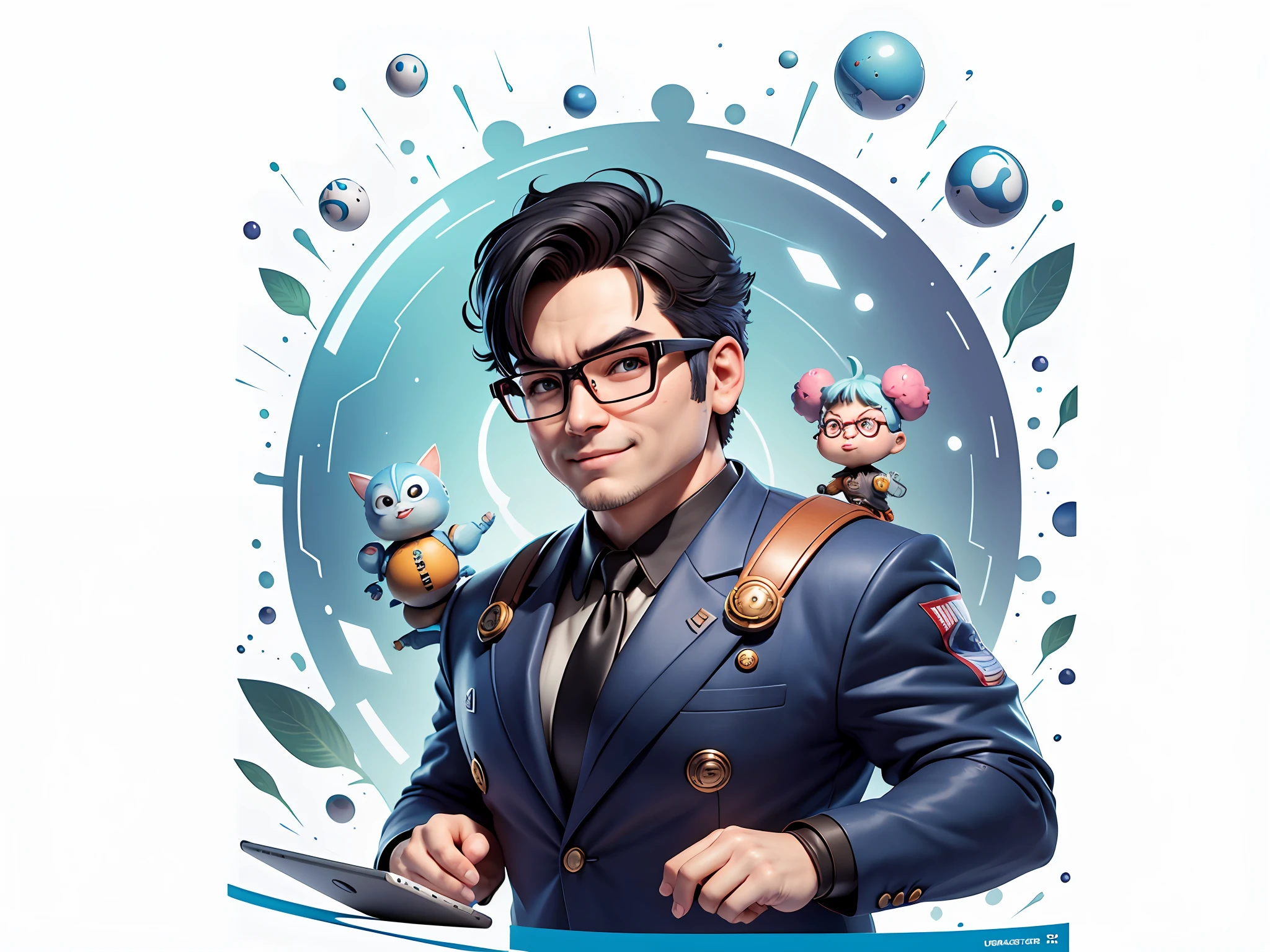 Masterpiece), (Excellent), (Super Meticulous), (Full Body: 1.2), Super Young Woman, Beautiful, Sexy, Bursting, Oriental Face, TV Anchor, Bust Portrait Illustration, Alone, Black Suit, Blue Tie, Silver Glasses, Slightly Chubby Face, Very Clean Face, No Beard, Black Super Short Hair, Black Eyes, Confident Smile, 3c Computer Sub-Products, iPad, iPhone, Digital Painting, 3D Character Design by Akira Toriyama with Mark Claireden and Pixar and Hayao Miyazaki, The illustration is a high-definition illustration in 4K resolution with very detailed facial features and cartoon-style visuals.