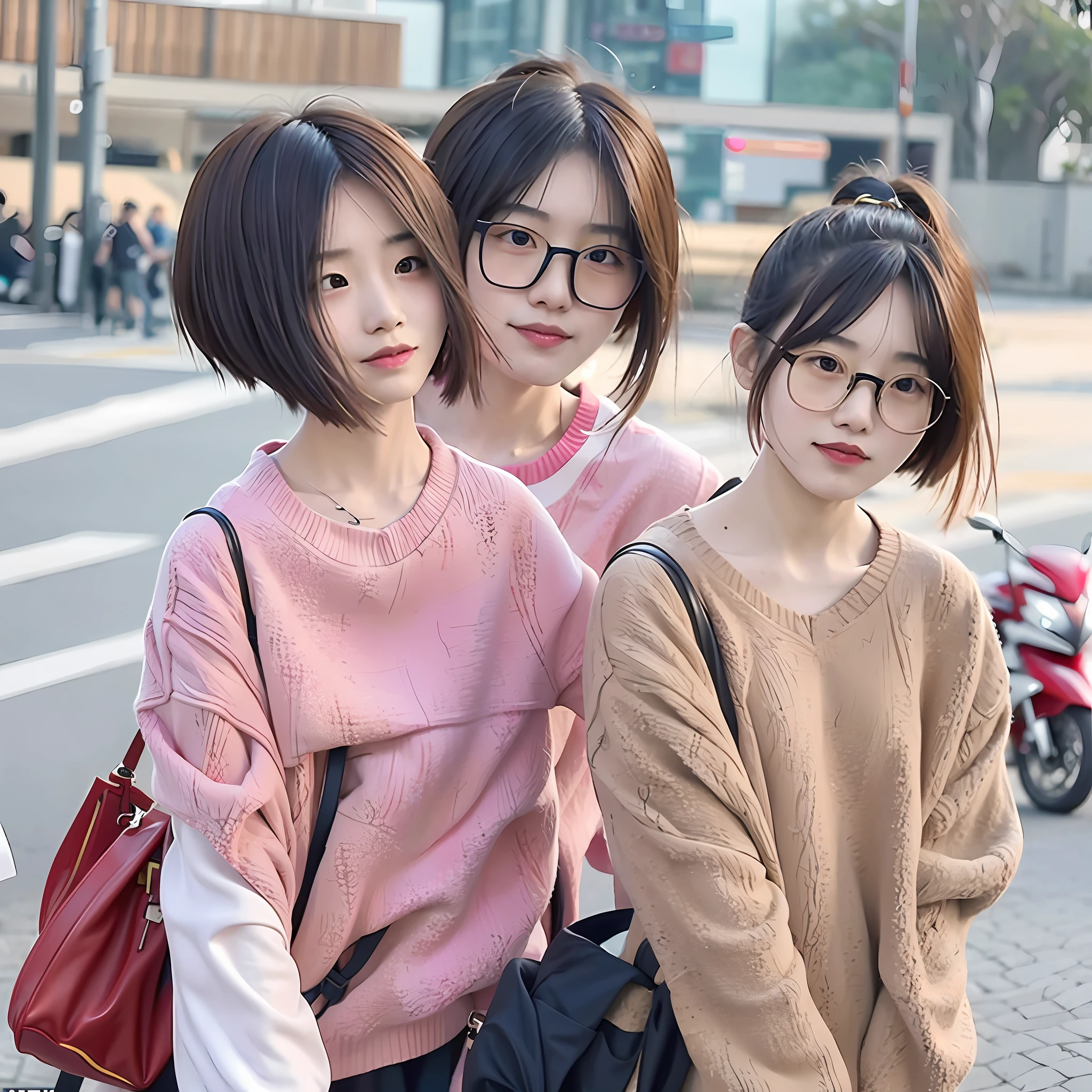 Chinese female ager wearing a sexy spaghetti top mini skirt and a anti radiation glasses her haircut is aesthetic bob haircut and the color is unicorn at 20s having kissing with a Chinese male teen at his 20s
