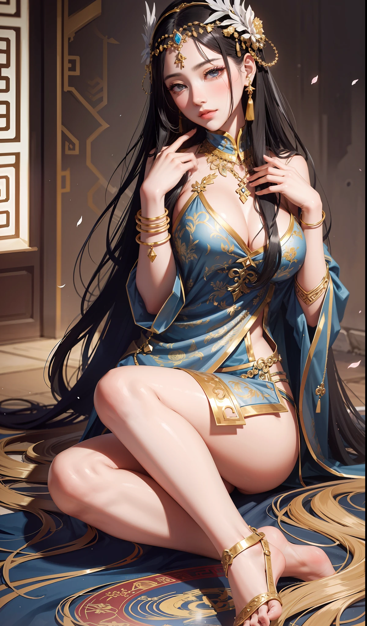 A woman wearing gorgeous clothes in ancient China, superlative, long black hair, Chinese-style headdress, intricate and detailed jewelry, blingbling jewelry, wearing Dunhuang-style clothes, like a fairy descending, full of wisdom, fresh temperament, fair skin, long black hair, flowing long hair, messy and scattered hair, afternoon sunset, edge lighting, best light and shadow, best shadow, sparkling, dreamy picture, snowy mountains in the distance, complex clothes, flying Ayara, There is a kind of scent, body fragrance, petals, surrounded by petals, outside the temple in Tibet, 1girl, ultra HD, complex light and shadow, dancing, light makeup, big eyes, long eyelashes, slim, good-looking long legs, thin waist, will be deeply attracted by the characters in the painting, the most beautiful woman in the world, 25 years old, mysterious, bare feet, gold on the head, wearing a bracelet, expression seduction, pink blush, looking at the audience, extraordinary temperament, (half), WOULP style, detailed face, detailed face, ultra HD, 8K, real skin, hyper-realistic, surreal, intricate clothes