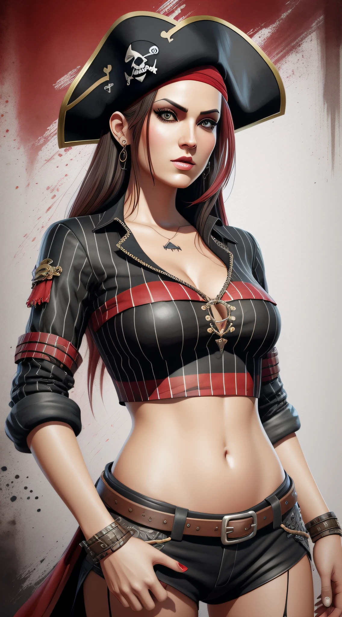 Pirate woman wearing black and red striped clothing, realistic 3d game character style, stunning quality, details in every pixel, minute detailing, concept art, watercolor splash, vector, flat, white background, Impeccable surface detailing, Digital drawing, Character design, Rigorously detailed texture