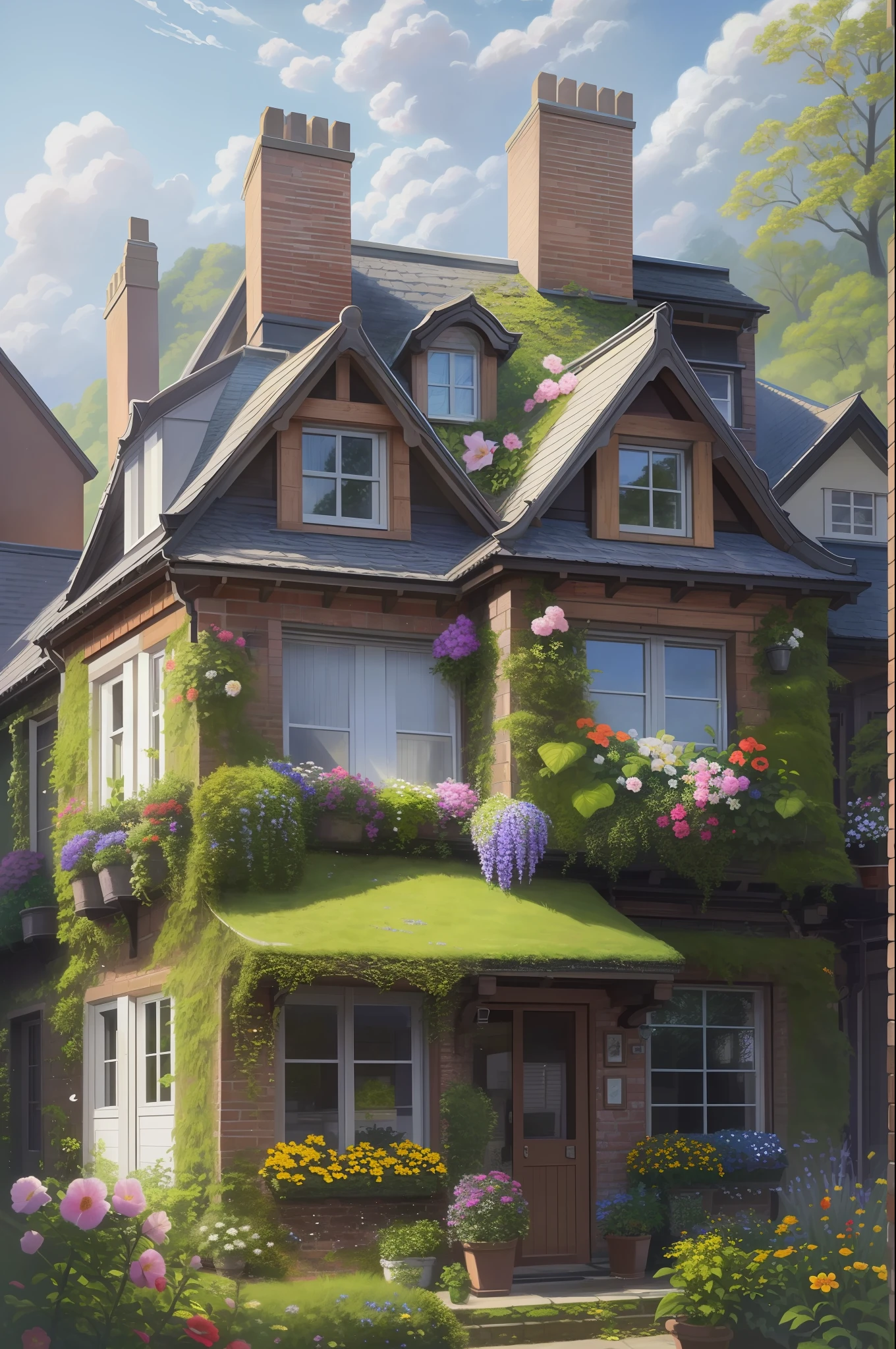 Ultra-detailed, high-quality, British house, with leaves and flowers hanging from the roof, aesthetic house, oil painting, masterpiece