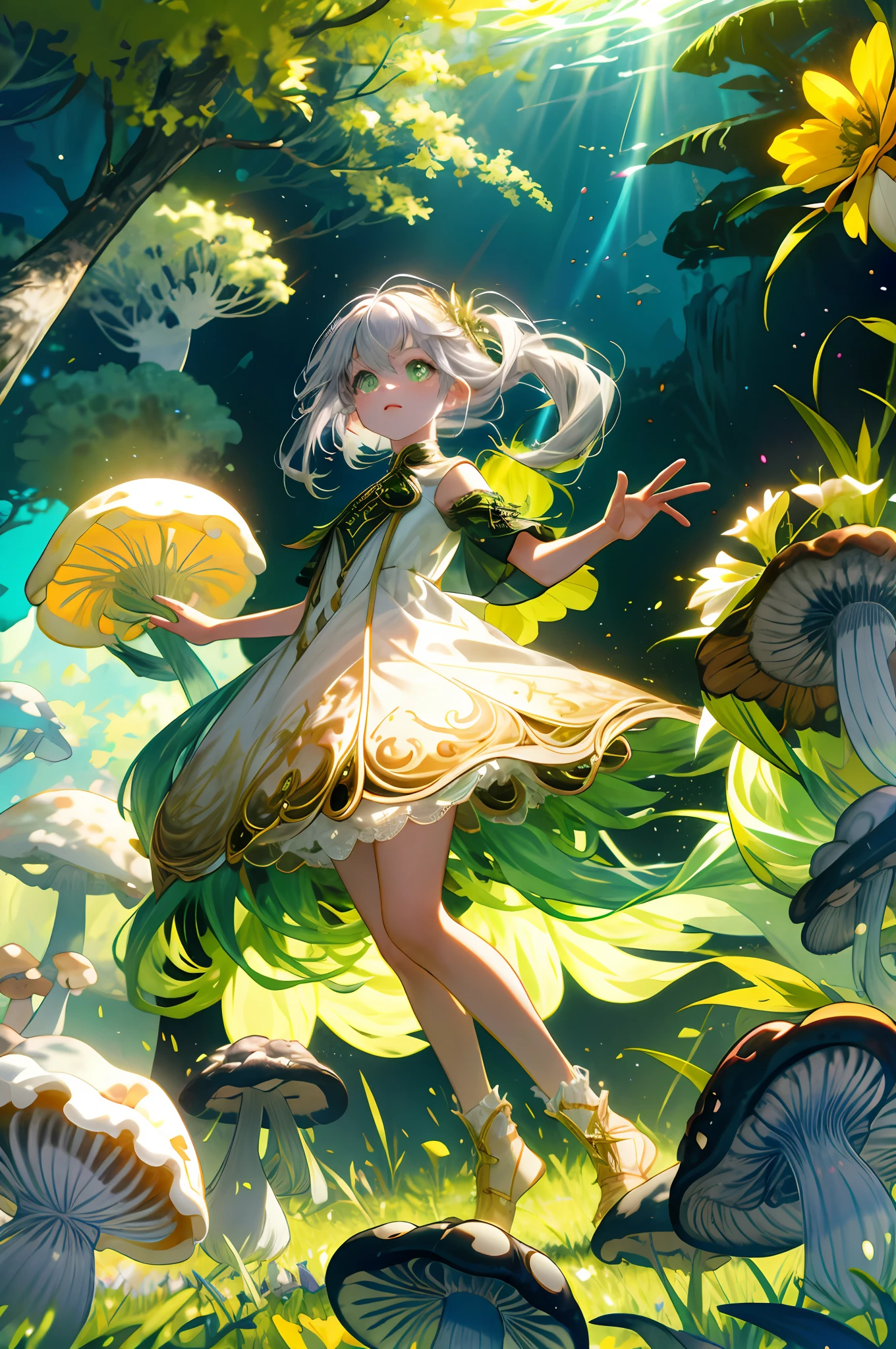 (flat color:0.9),(colorful:1.1),(masterpiece:1,2), best quality, masterpiece, highres, original, extremely detailed wallpaper,1girl,solo, young child girl, long light grey hair, white dress with golden embroidery, green and gold elements, glowing, flowing hair, fullbody, floating in the air in the middle of the forest, magic fantasy forest, glowing flowers and mushrooms, sunny day, sunny light, rays of light, dynamic lighting, cinematic shot