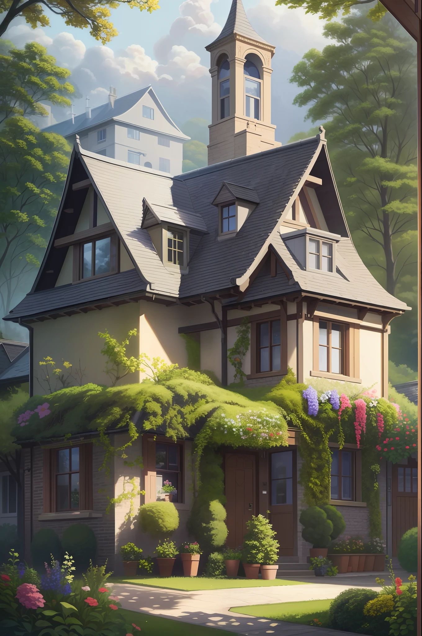 Ultra-detailed, high-quality, British house, with leaves and flowers hanging from the roof, aesthetic house, oil painting, masterpiece