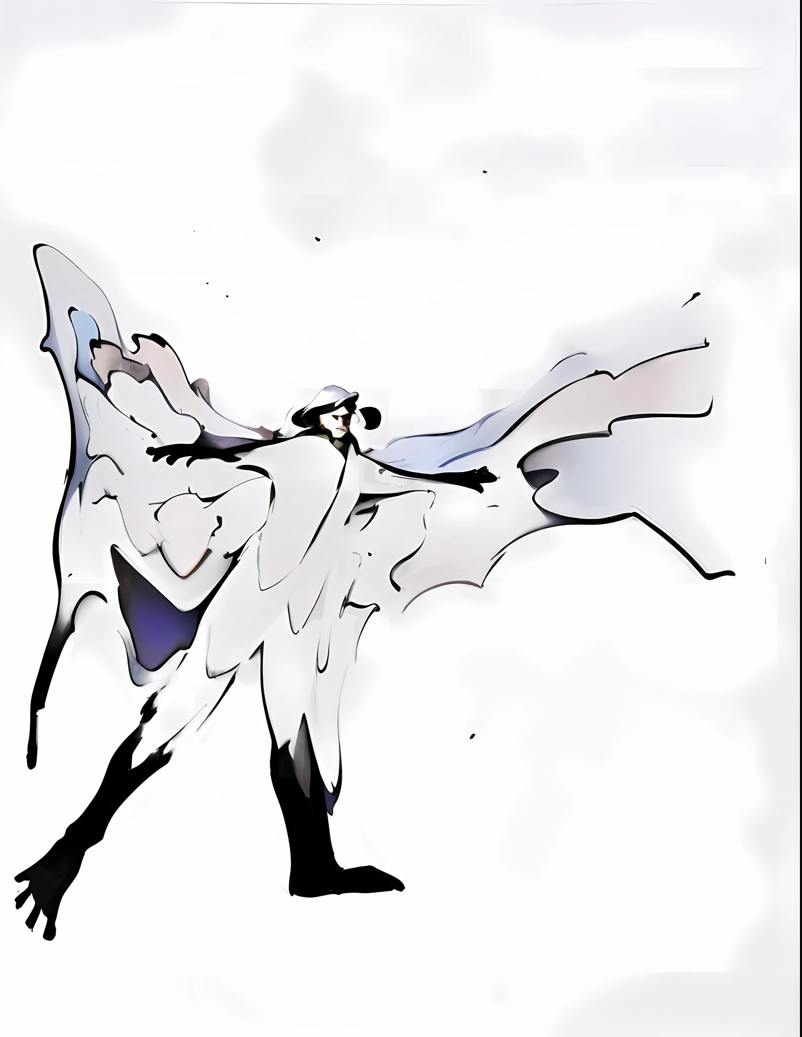 there is a drawing of a woman with wings on a white background, inspired by yoji shinkawa, in yoji shinkawa's art style, flowing cape, inspired by Frank Miller, frank miller style, ghostly form, evangelion concept art, white cloak, flowing white robes, winged human, cloak flittering in the wind, style of frank miller
