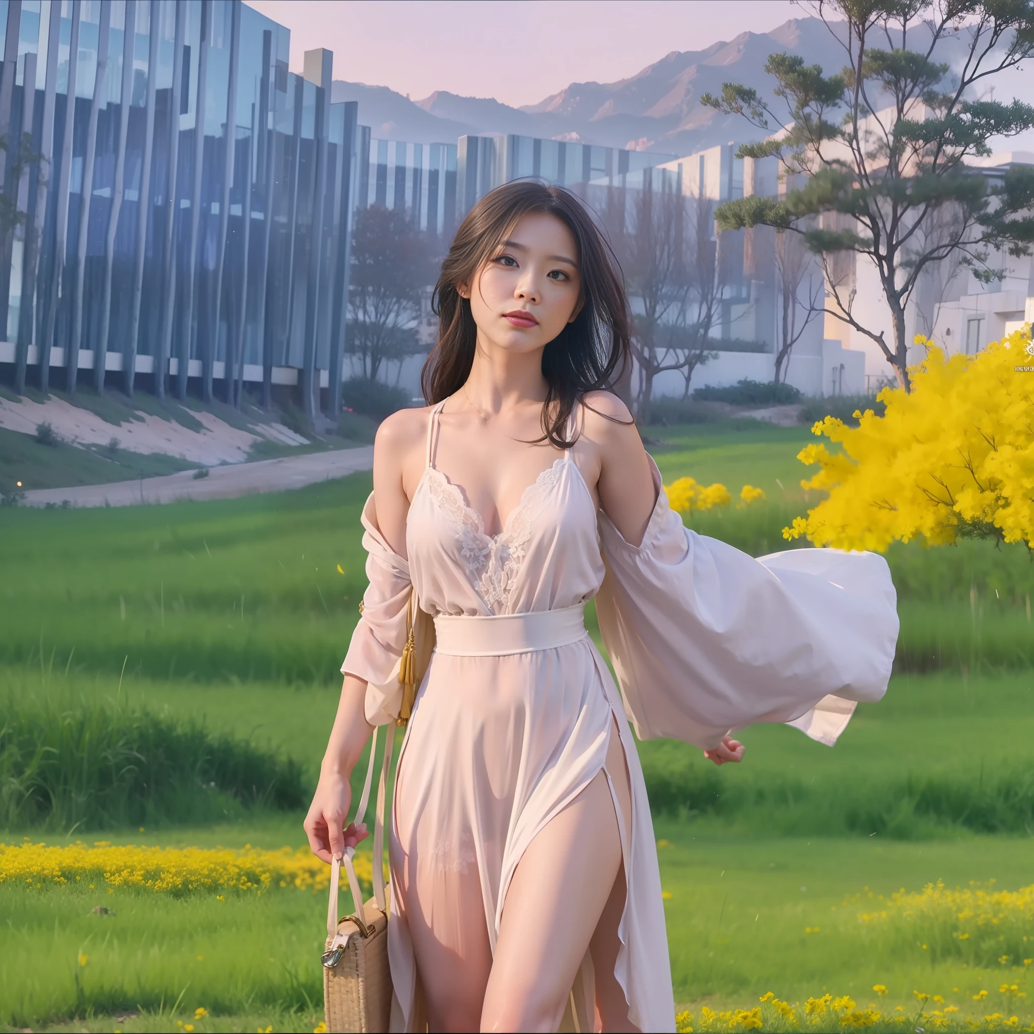 Photos of vast landscapes, (from below, sky above, open fields below), a girl standing on a flower field looking up, (Full Moon: 1.2), (Meteor: 0.9), (Nebula: 1.3), Distant Mountains, Trees BREAK Making Art, (Warm Light Source: 1.2), (Firefly: 1.2), Lamps, Intricate Details, Volume Lighting BREAK (Masterpiece: 1.2), (Best Quality), 4K, Ultra Detailed, (Dynamic Composition: 1.4), Detailed, Colorful, (Rainbow Color: 1.2), Big Breasts, Erotic Underwear, (Glow, Atmospheric Lighting), Dreamy, Fantastic, (Solo: 1.2), Slip Dress, Hanfu