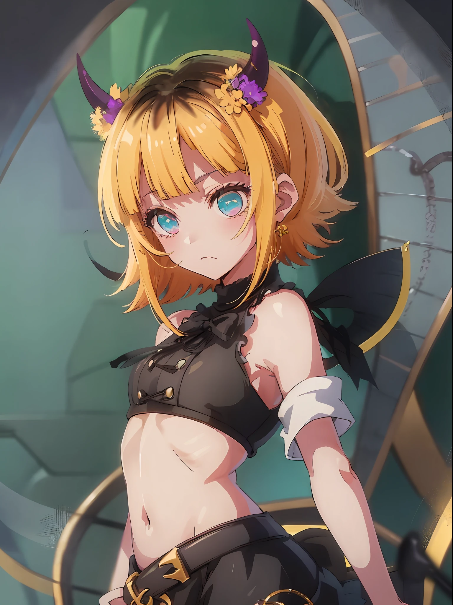 memcho, blonde, black high neck, sleeveless, small horns, mini skirt, short hair, idol, big eyes, surprised face, ω, closed mouth,