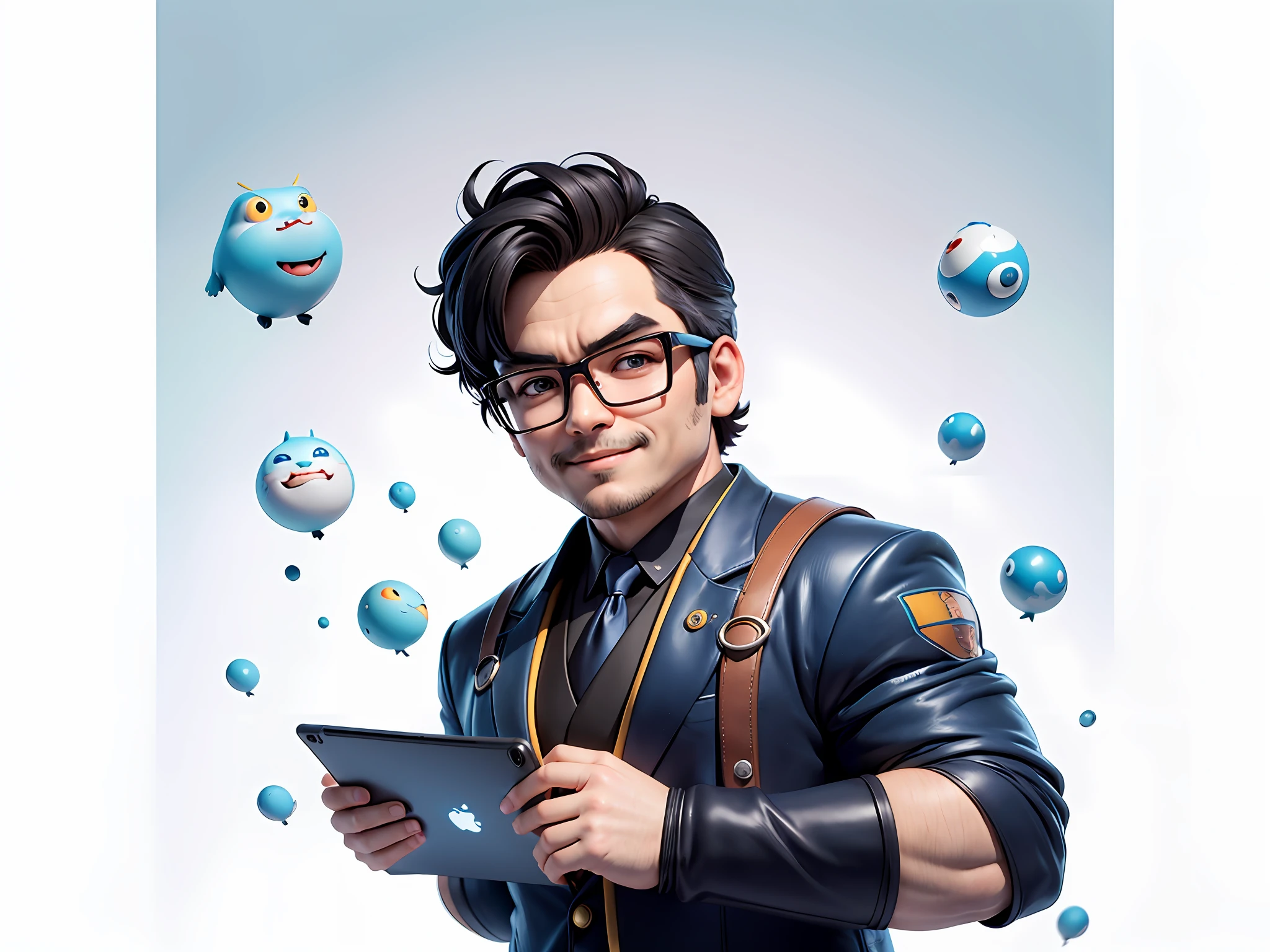 Masterpiece), (Excellent), (Super Meticulous), (Full Body: 1.2), Super Young Woman, Beautiful, Sexy, Bursting, Oriental Face, TV Anchor, Bust Portrait Illustration, Alone, Black Suit, Blue Tie, Silver Glasses, Slightly Chubby Face, Very Clean Face, No Beard, Black Super Short Hair, Black Eyes, Confident Smile, 3c Computer Sub-Products, iPad, iPhone, Digital Painting, 3D Character Design by Akira Toriyama with Mark Claireden and Pixar and Hayao Miyazaki, The illustration is a high-definition illustration in 4K resolution with very detailed facial features and cartoon-style visuals.