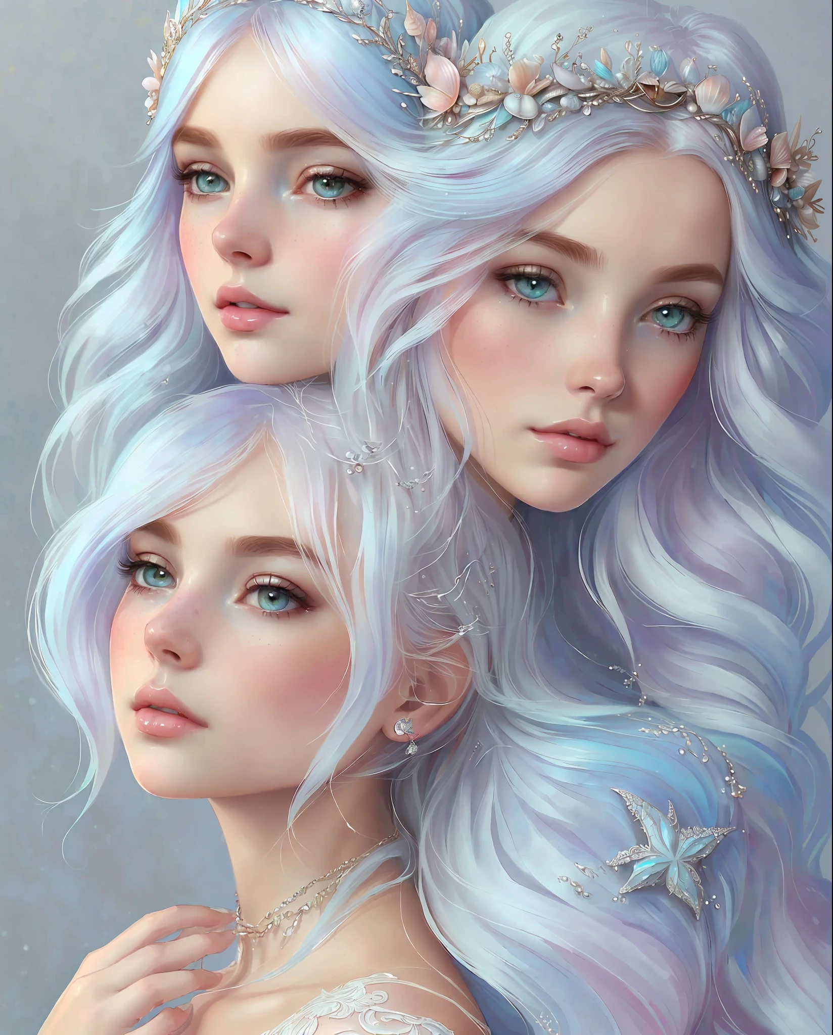 Princess girl with wing, Blue, Pastel, glitter, dramatic, dreamy, pastel, Watercolor, Whimsical, Delicate, seashell crown, Trending on Artstation, Highly detailed, Intricate, Portrait, digital painting, Fantasy theme, Fantasy robes, Fantasy concept art, Fantasy character art, Smug, Teenage girl, perfect body, full body, dreamy, pastel, Watercolor, Whimsical, Delicate, seashell crown, art by loish and lois van baarle, Trending on Artstation, Highly detailed, Intricate, Portrait, digital painting