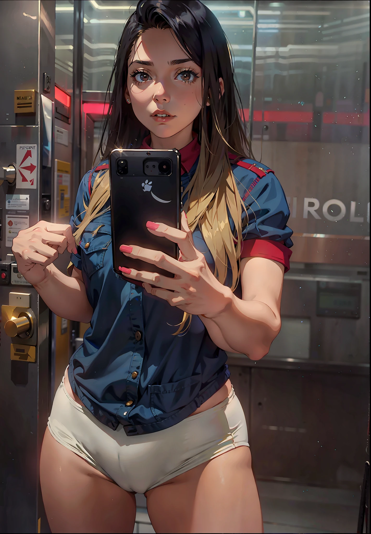 Woman in underwear taking a selfie in front of an elevator, she is about 20 years old, she is about 20 years old, it looks like Fabiula Nascimento, she is about 20 years old, 21 years old, she is about 2 0 years old, 2 , 2 3 years oldger))