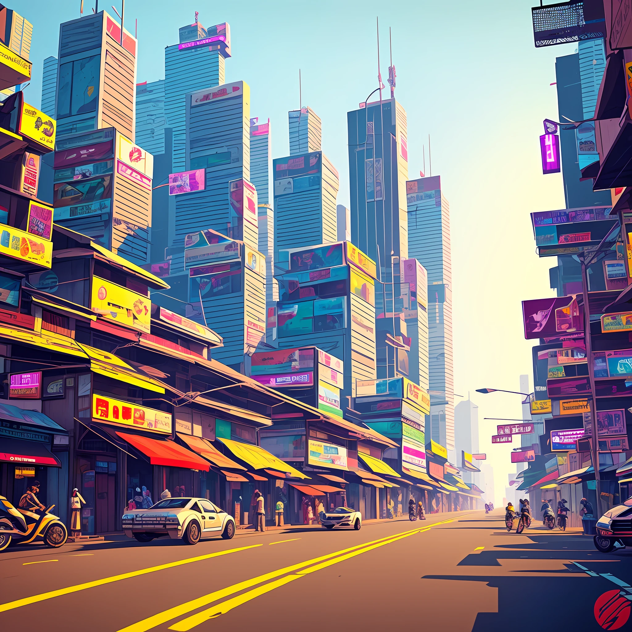 Yangon city,cyberpunk street, side view, 2D game style, pixel art style, cool vendors, roads and cars,over view